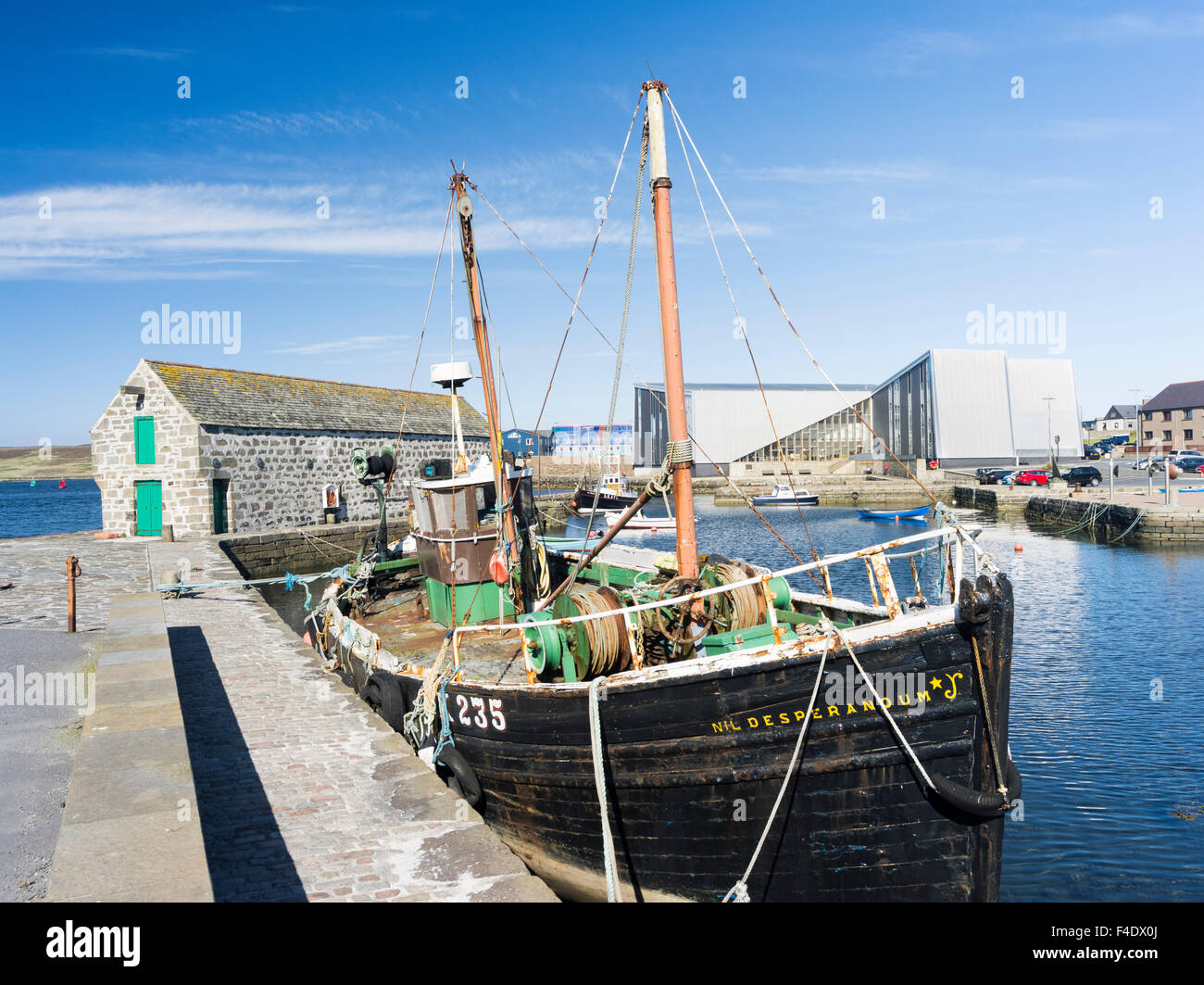 Lerwick, capital of the Shetland Islands in Scotland. Hays dock and Hays Quay. Old fishing boat waiting for restoration. Shetland, Northern Isles, Scotland. (Large format sizes available) Stock Photo