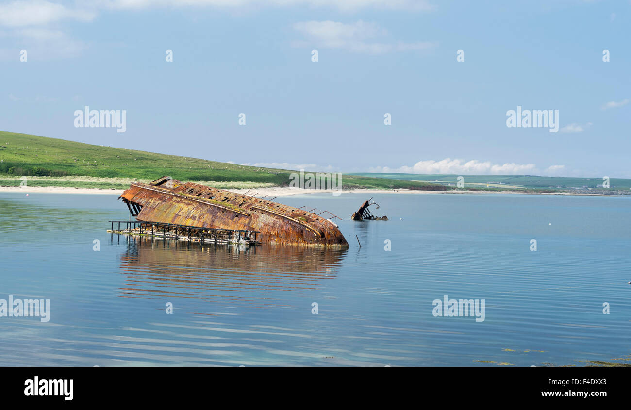 Churchill Barriers and block ship dating back to World War II. At this place, U47 invaded Scapa Flow, Orkney, Scotland. (Large format sizes available) Stock Photo