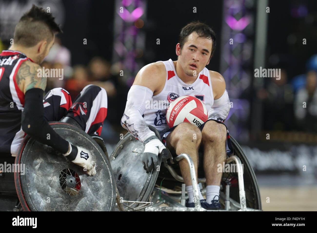 London, UK. 16th October, 2015. World Wheelchair Rugby Challenge Final US vs Canada. Canada win gold 54-50.  Copperbox, Olympic Park, London, UK. 16th October 2015. Aoki looks exhausted.Copyright Carol Moir/Alamy Live News. Stock Photo