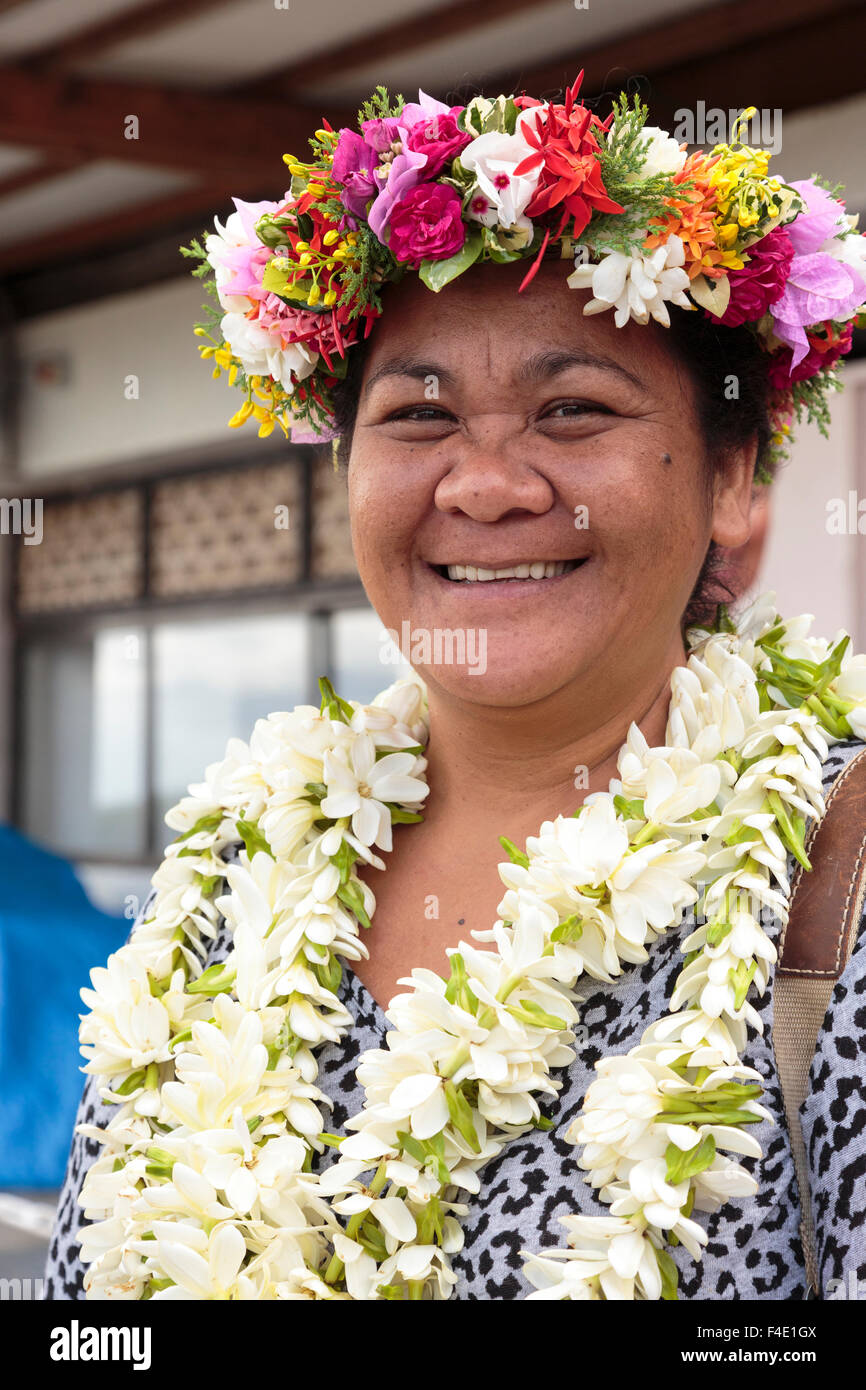 Pacific Ocean, French Polynesia, Society Islands, Raiatea. Woman wearing traditional Polynesian lei, called hei, at cultural gathering. Stock Photo