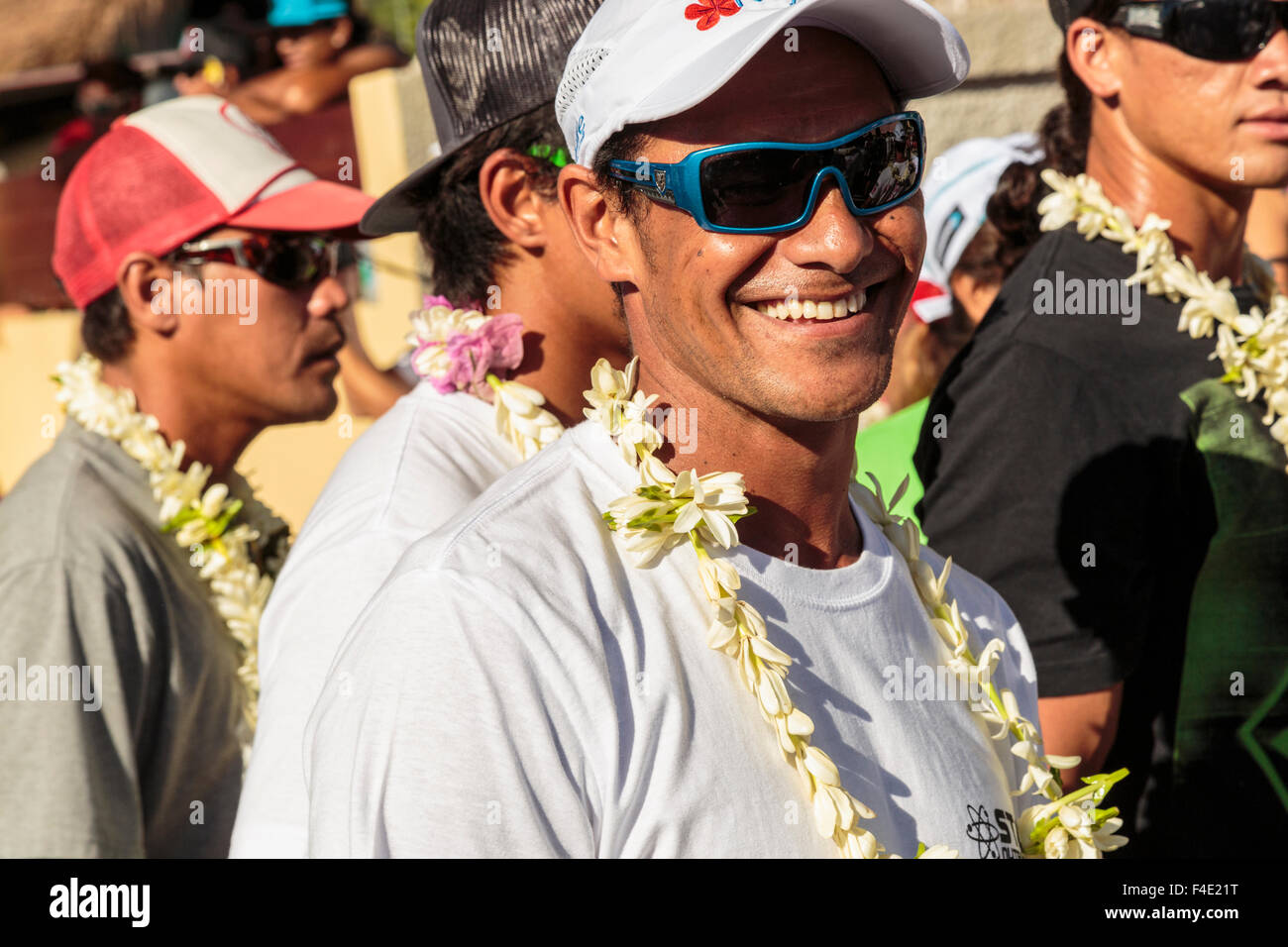 Pacific Ocean, French Polynesia, Society Islands, Huahine, Fare. Portrait of man wearing traditional lei. Stock Photo