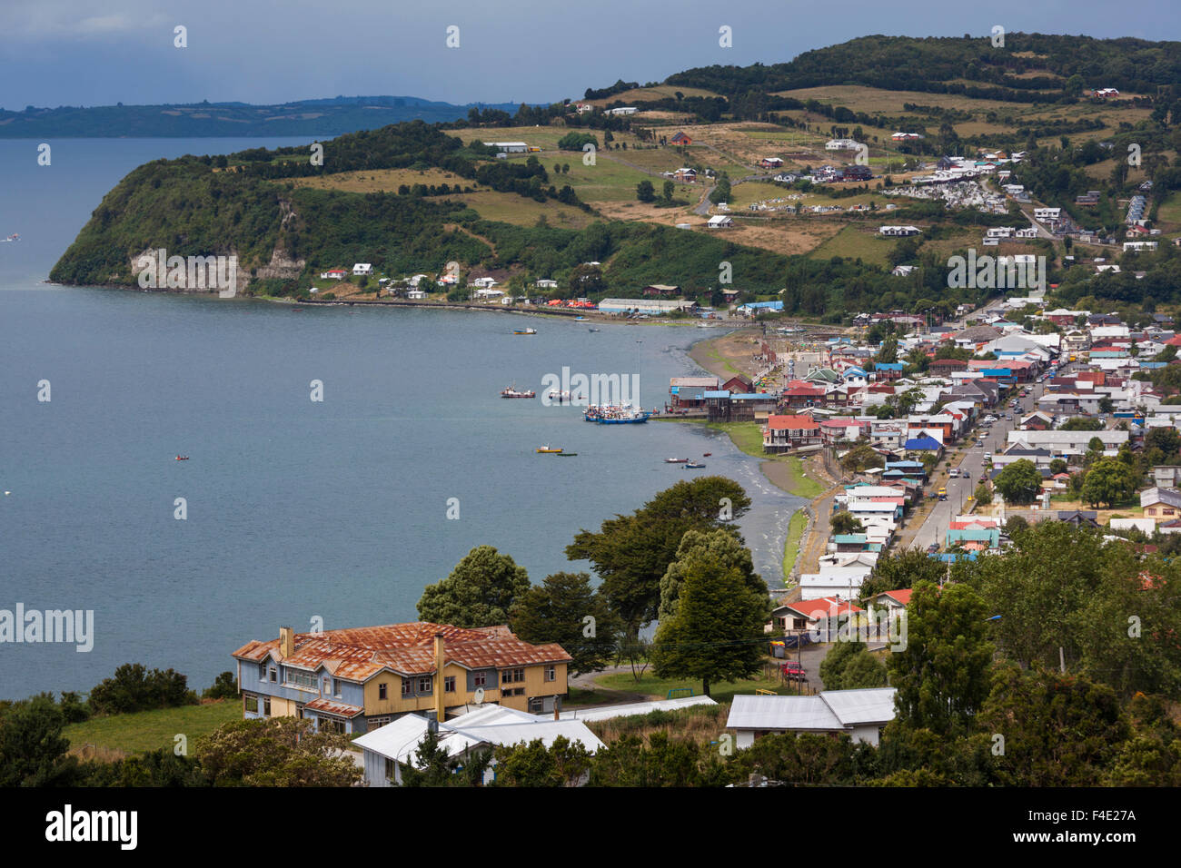 Chile, Chiloe Archipelago, Quinchao Island, Achao. elevated town view. Stock Photo
