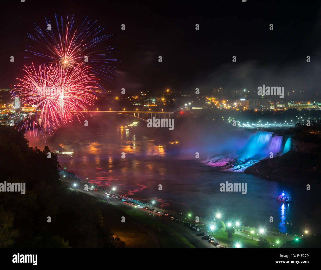 Aerial view of fireworks over Niagara Falls, Ontario, Canada Stock