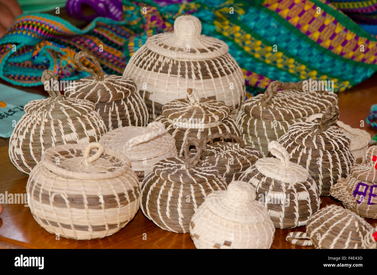 Collectible Belize, Punta Gorda, Columbia. Agouti Cacao Farm. Traditional Belize handmade grass baskets with lids. Stock Photo