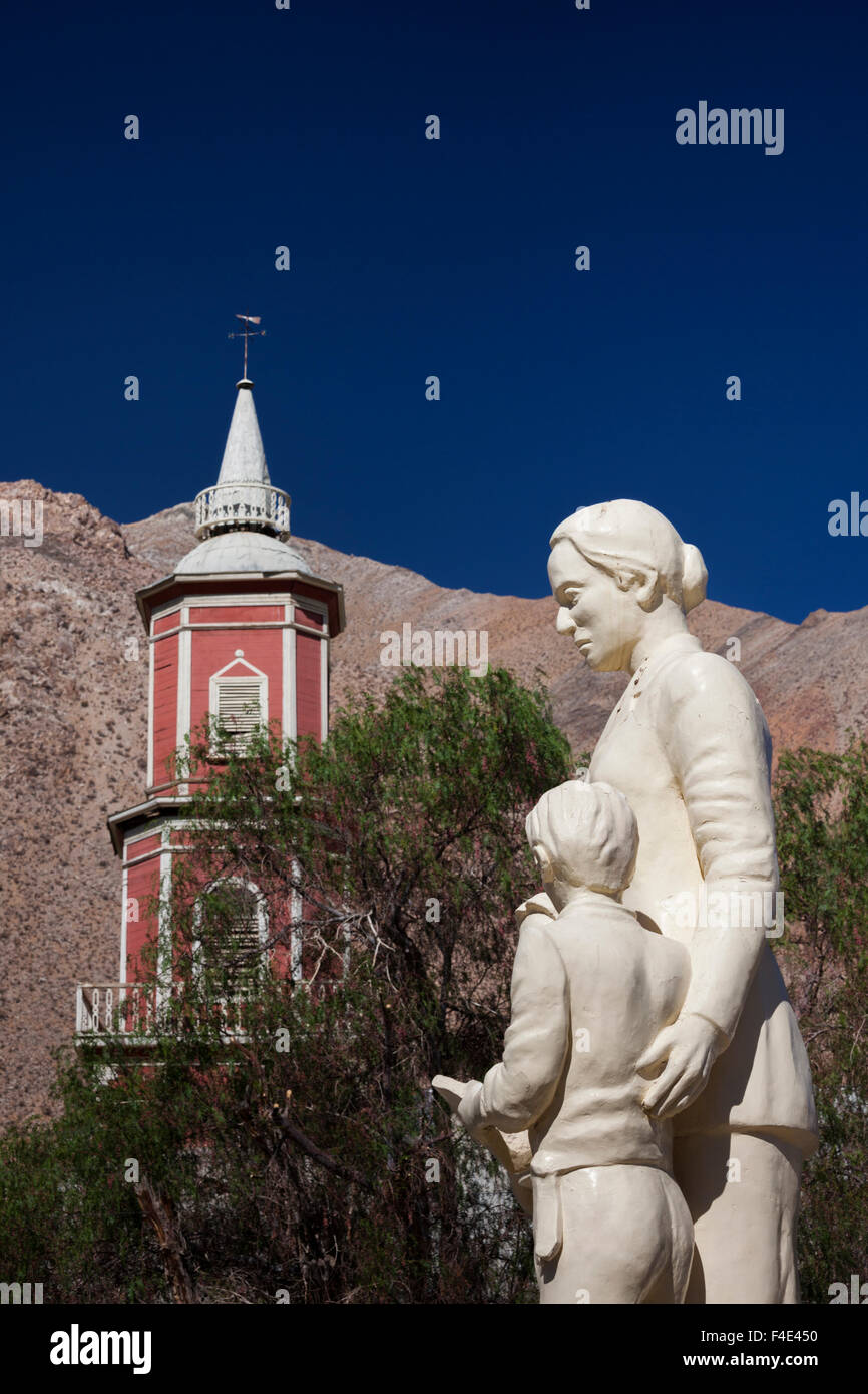 Chile, Elqui Valley, Montegrande, town church and statue of Nobel prize winning Chilean poet Gabriela Mistral. Stock Photo