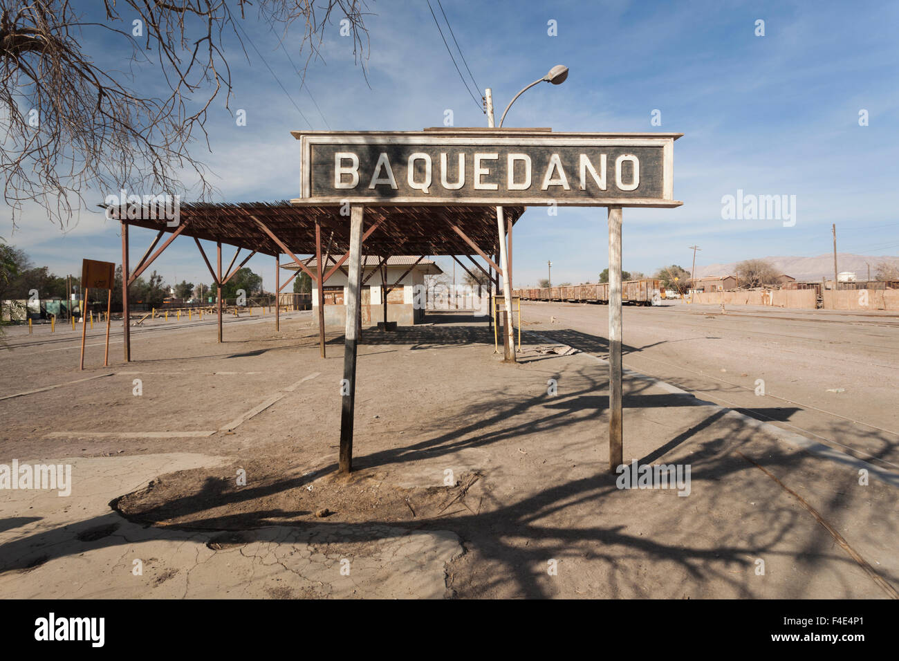 Chile, Baquedano, town sign by railroad station. Stock Photo
