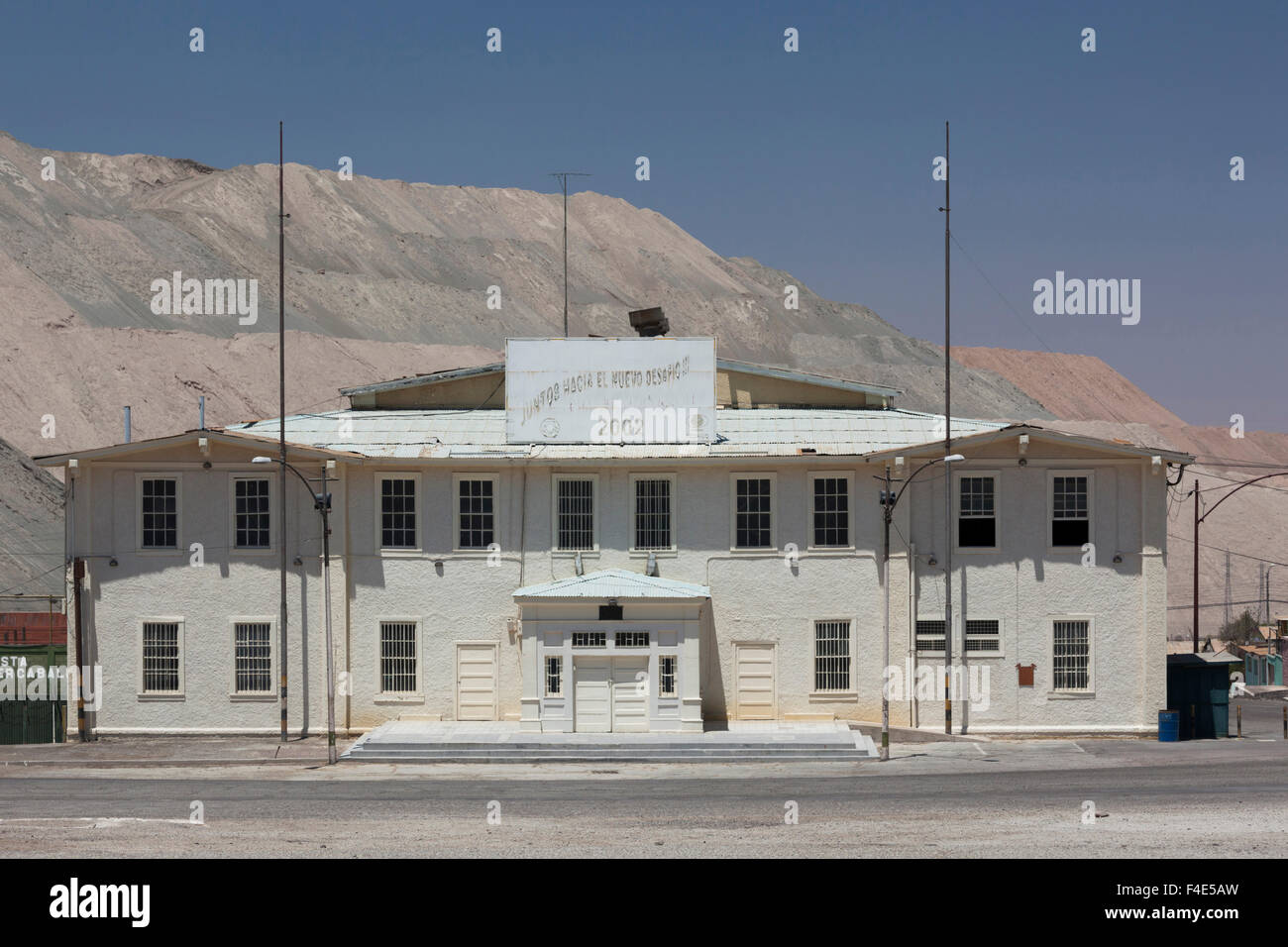 Chile, Calama, Chuquicamata, former copper mining ghost town, town buildings. Stock Photo