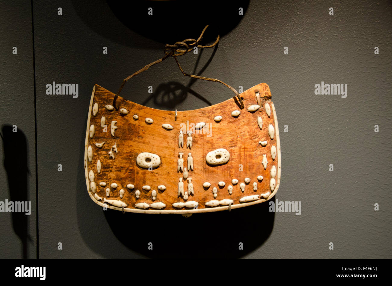 Greenland, Nuuk. Greenland National Museum. Eskimo/Inuit and Greenlandic artifacts from Ammassalik, circa late1880s-1930s. Wooden bag embellished with ivory and shells. Stock Photo
