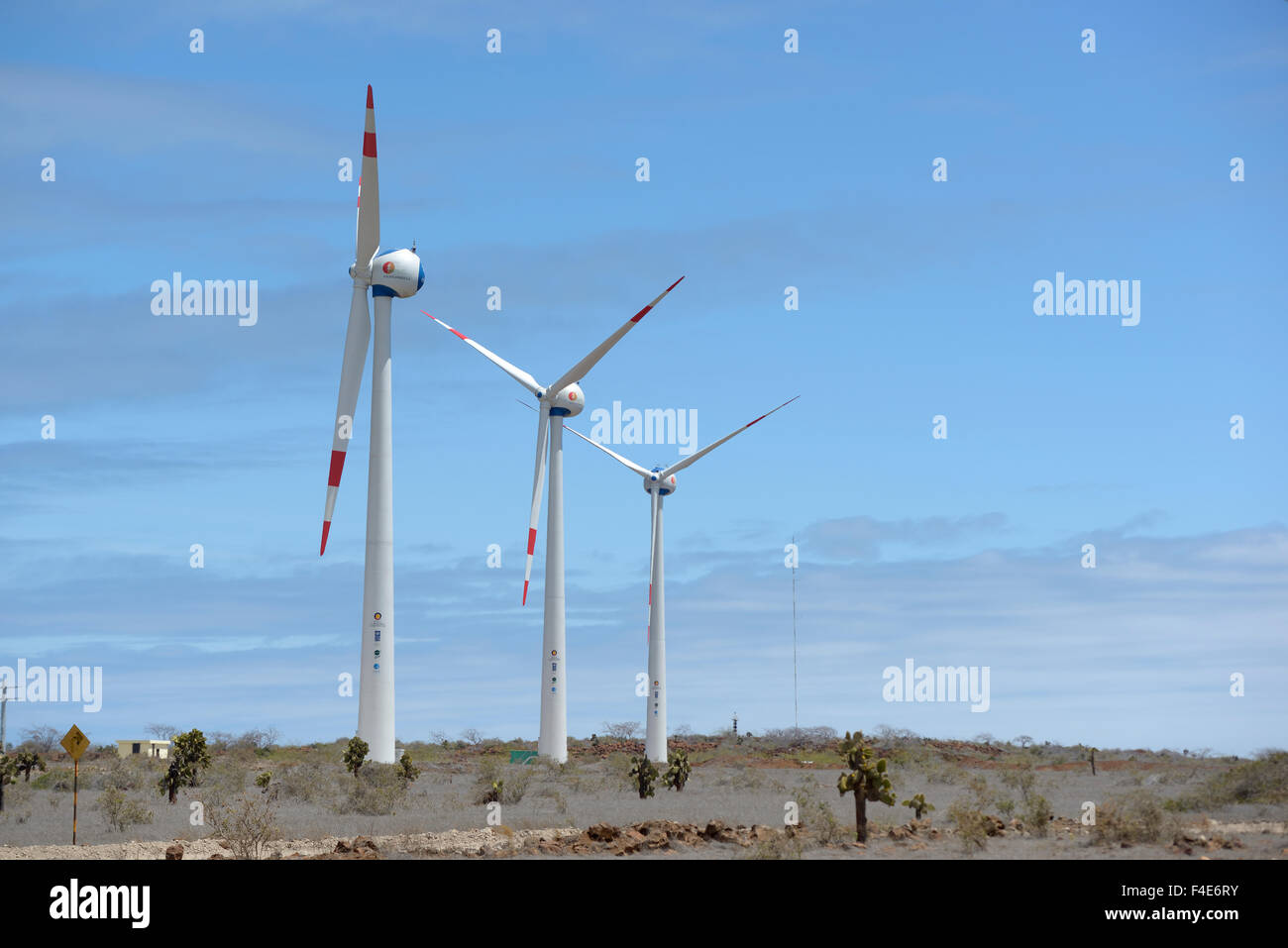 South America, Ecuador, Galapagos Islands, Baltra Island. Windmills at the Baltra Airport, Aeropuerto Seymour. (Large format sizes available) Stock Photo