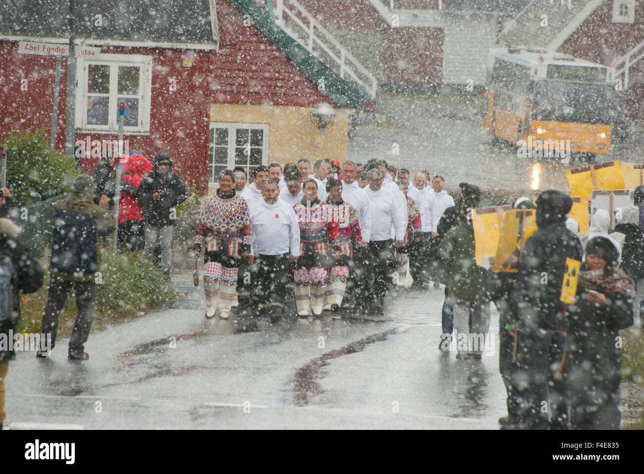 Greenland, capital city of Nuuk (aka Godthab). The first Friday of September, Greenlandic parliament starts its session by walking in the historic part of town in traditional attire. Stock Photo