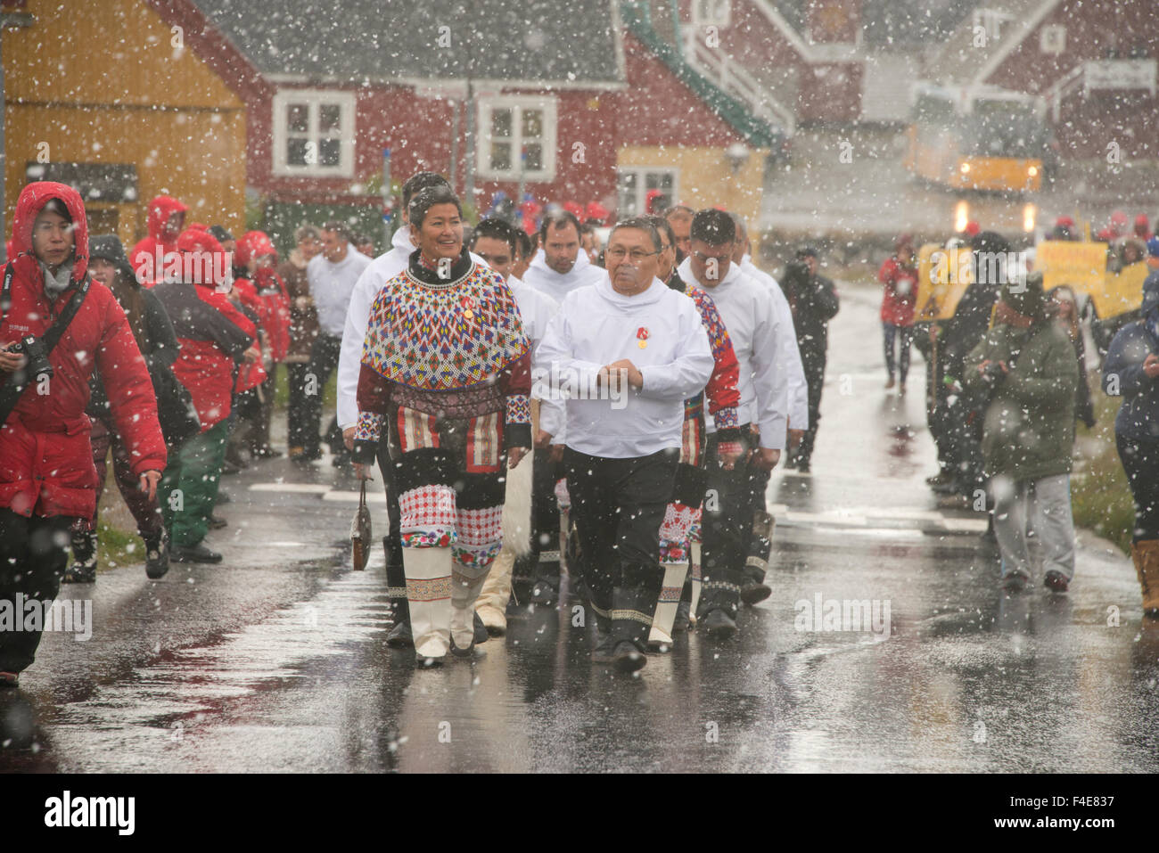 Greenland, capital city of Nuuk (aka Godthab). The first Friday of September, Greenlandic parliament starts its session by walking in the historic part of town in traditional attire. (Large format sizes available) Stock Photo