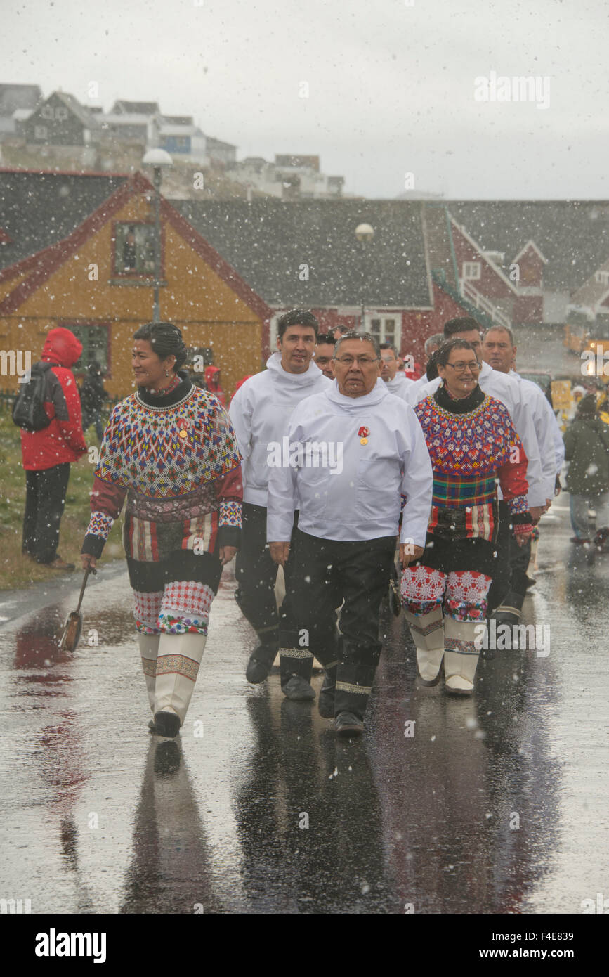 Greenland, capital city of Nuuk (aka Godthab). The first Friday of September, Greenlandic parliament starts its session by walking in the historic part of town in traditional attire. (Large format sizes available) Stock Photo