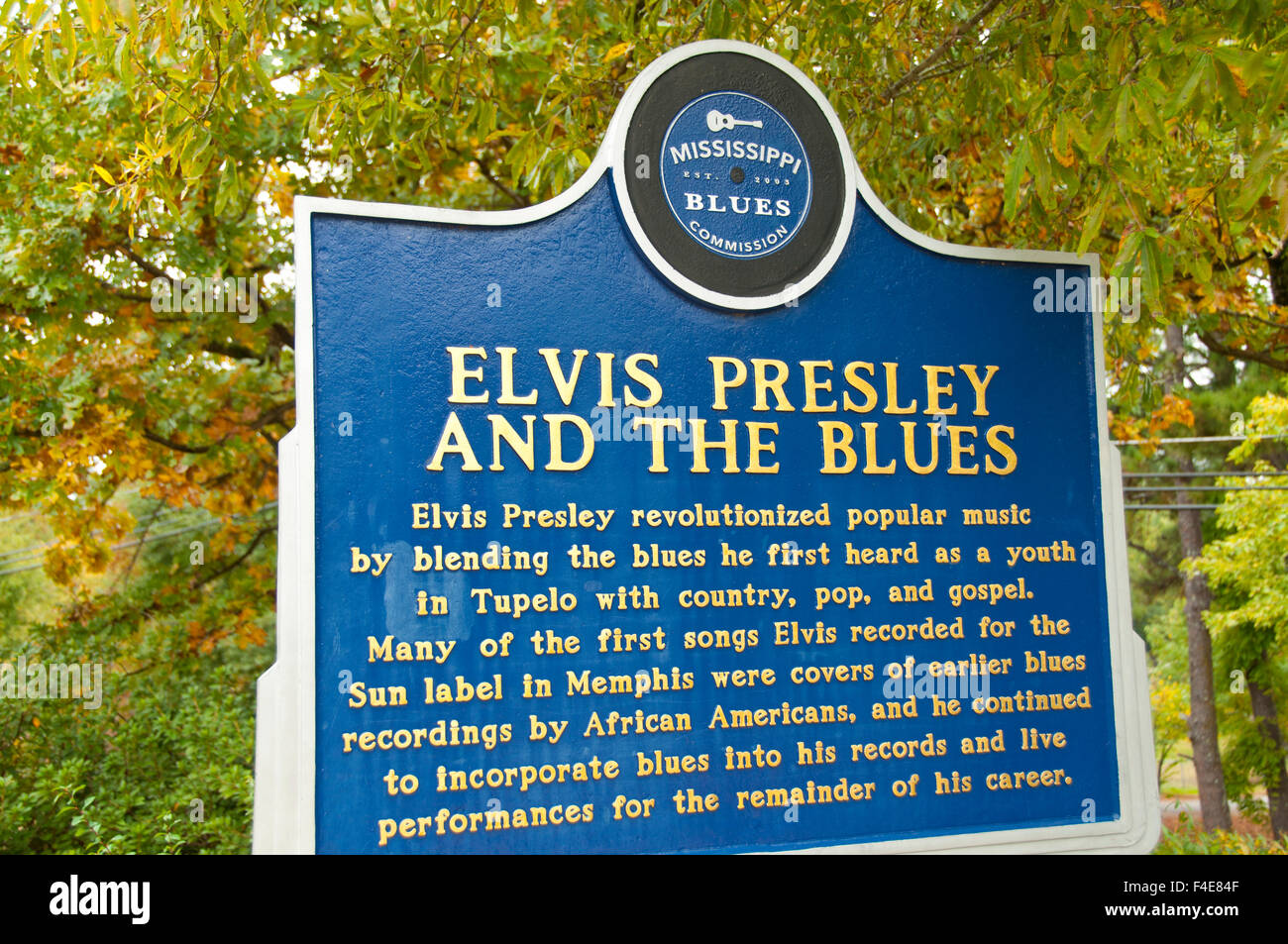 Elvis Presley's Mississippi Blues Trail Marker at  his boyhood home in Tupelo, Mississippi Stock Photo
