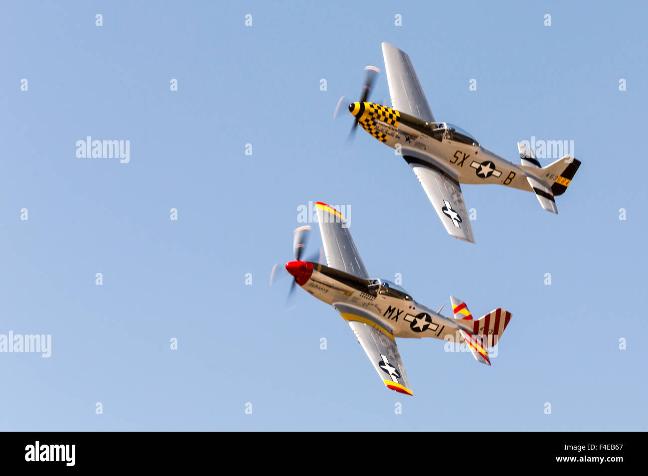 USA, Arizona, Glendale, Luke Air Force Base. Two P-51 Mustangs flying in formation. Credit as: Wendy Kaveney / Jaynes Gallery / DanitaDelimont.com Stock Photo