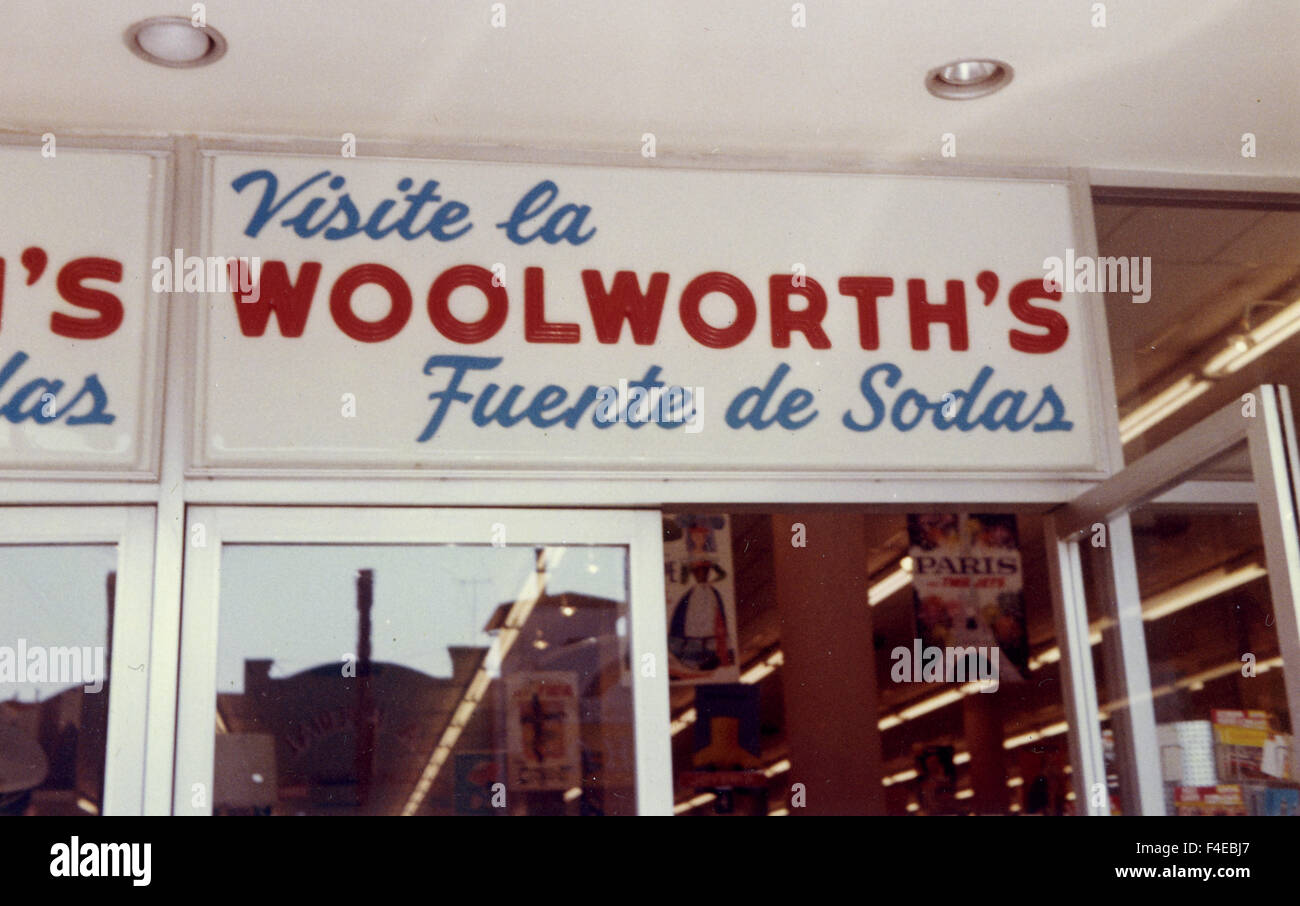 Woolworth's sign outside store in Mexico 1963 1960s. travel dime store department store Stock Photo