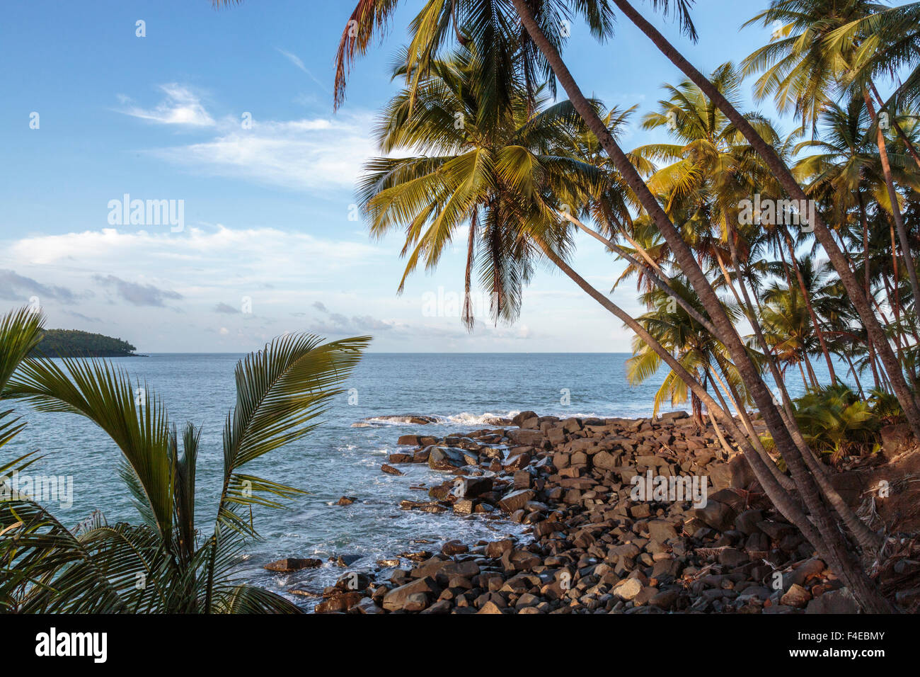 South America, French Guiana, Ile St. Joseph. Volcanic rock beach with