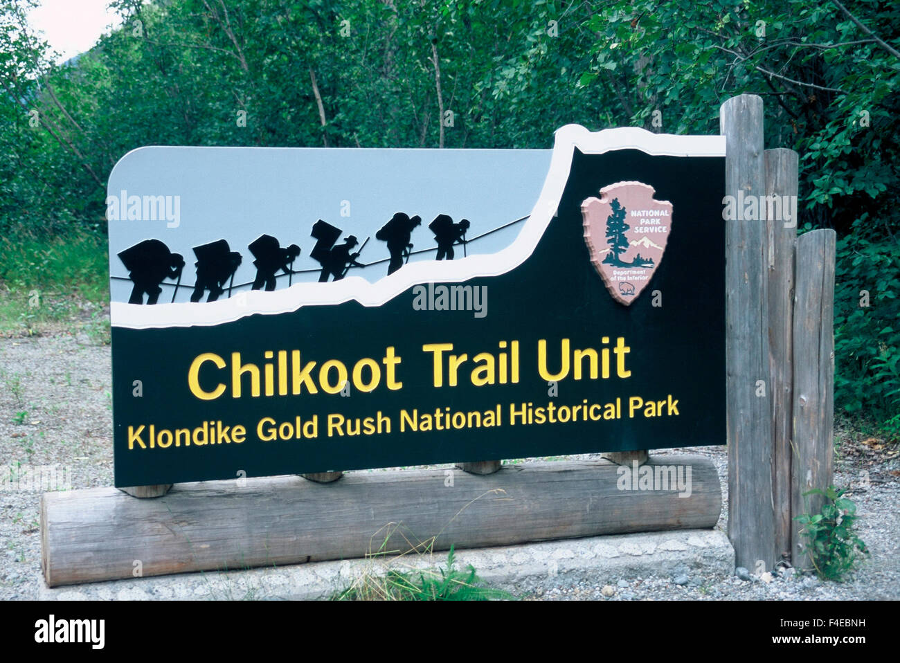 USA, Alaska, Chilkoot Trail Unit monument sign. Stock Photo