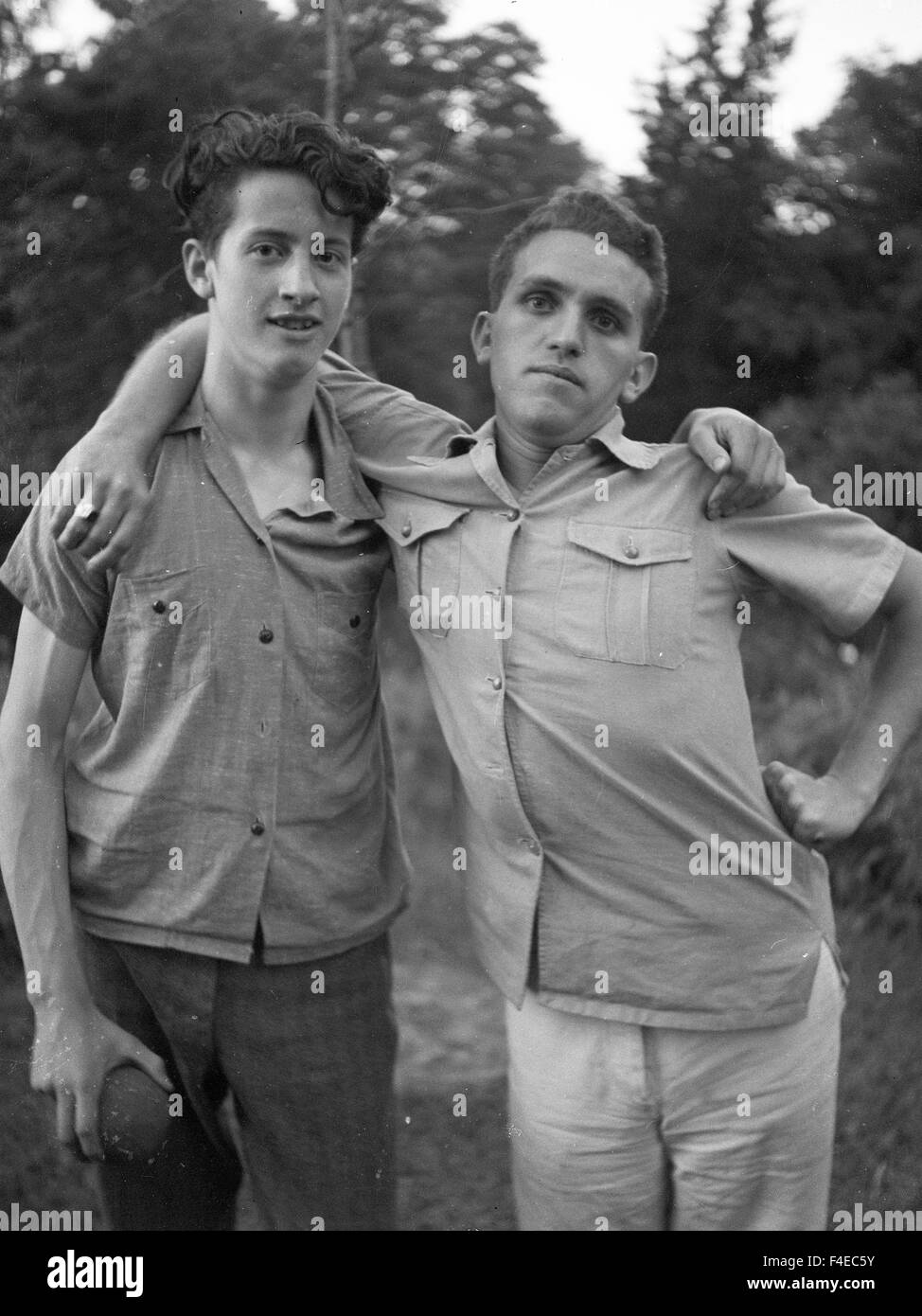 two young men posing for a portrait during 40s fashion shirts Stock Photo