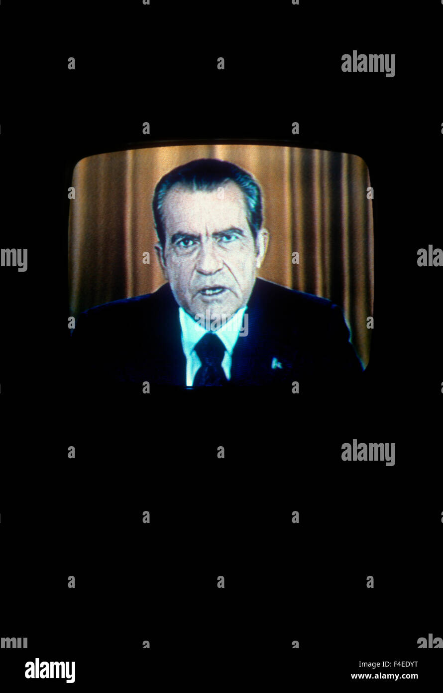 President Richard Nixon addresses the nation on Watergate in August 1973. Stock Photo