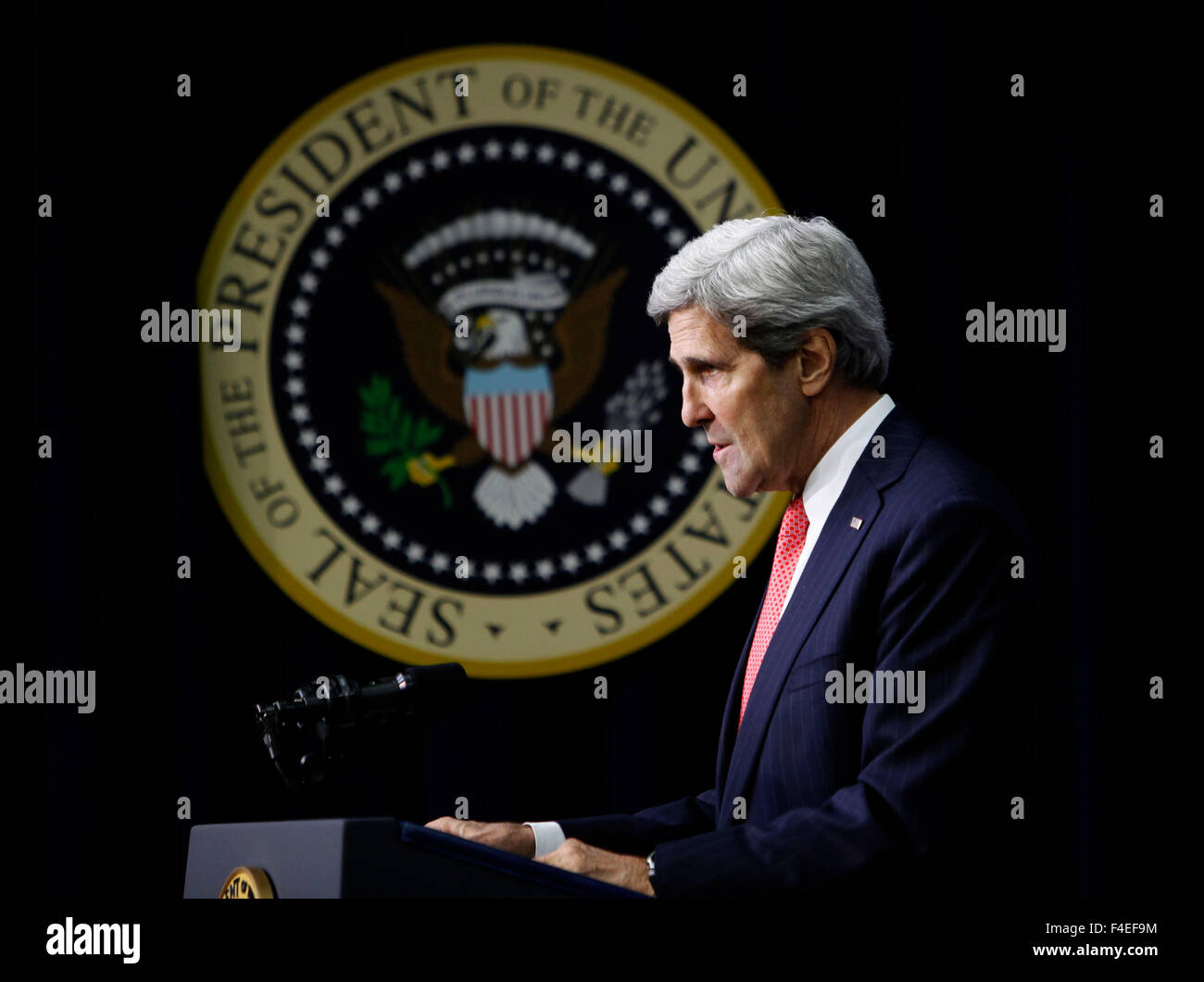 Secretary of State John Kerry speaks after President Barack Obama delivers remarks in observance of World AIDS Day. Stock Photo