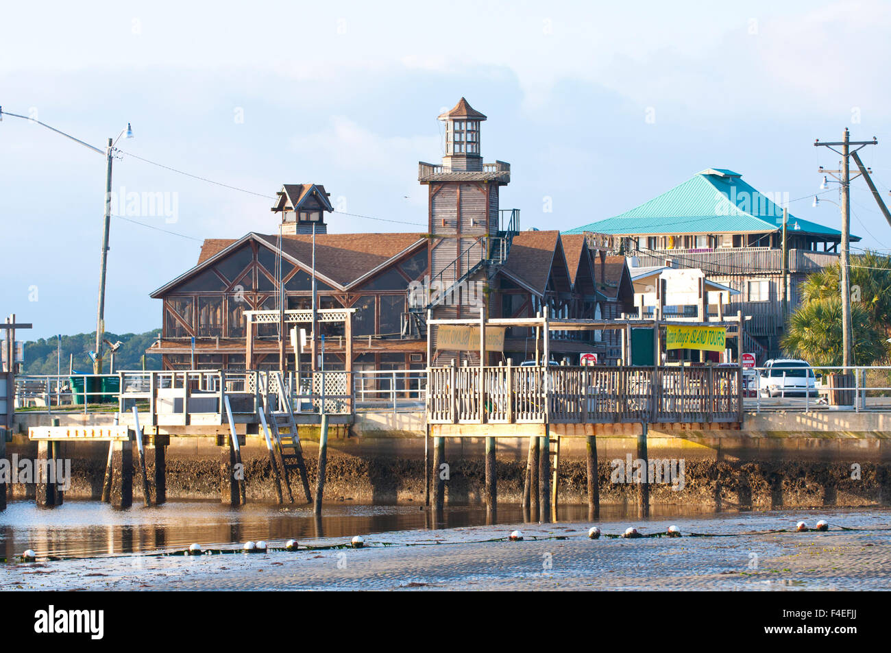 USA, Florida, Cedar Key, Seabreeze Restaurant across Boat Harbor. Stock Photo