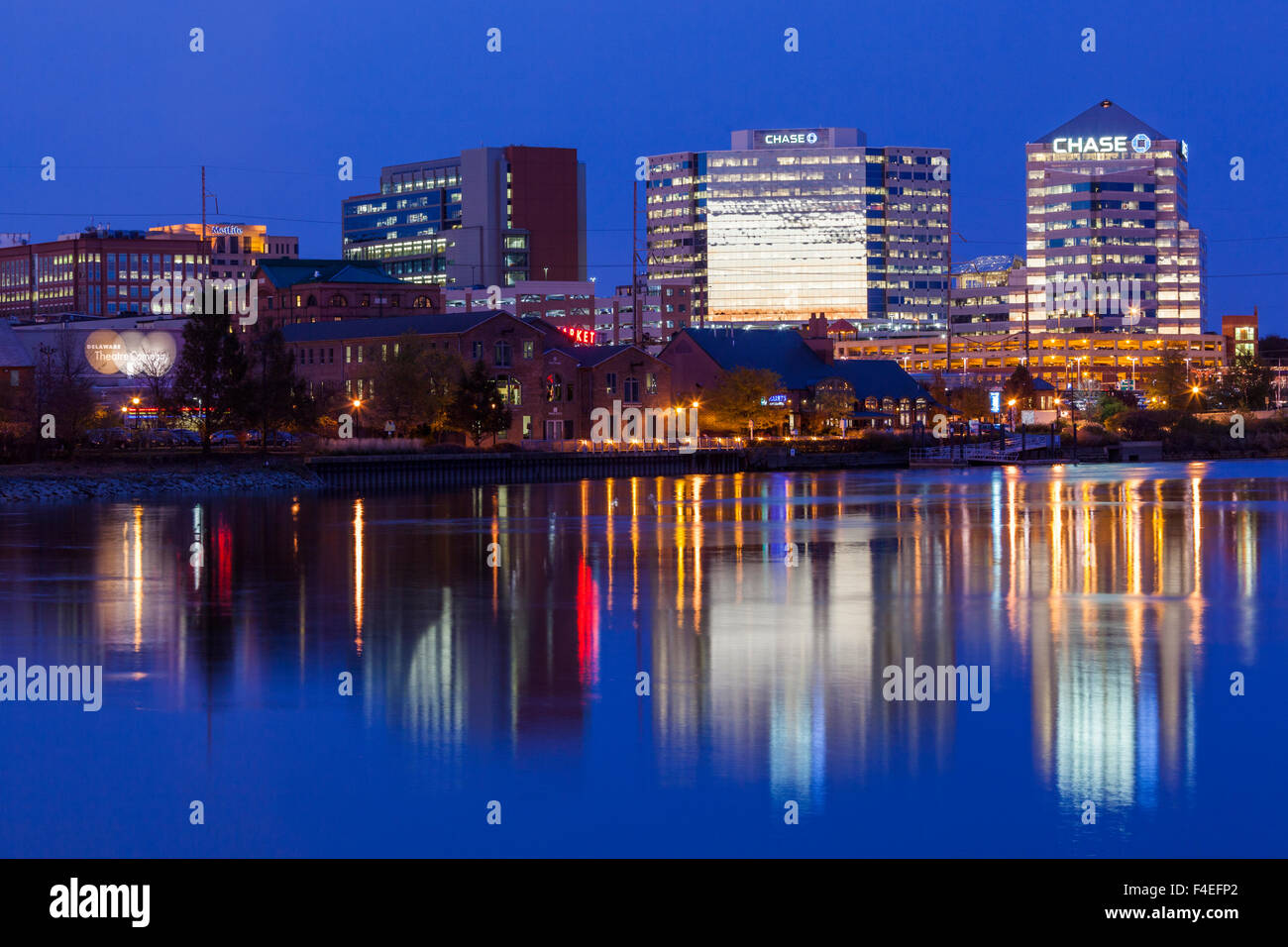 USA, Delaware, Wilmington, skyline on the Christina River, dusk Stock ...