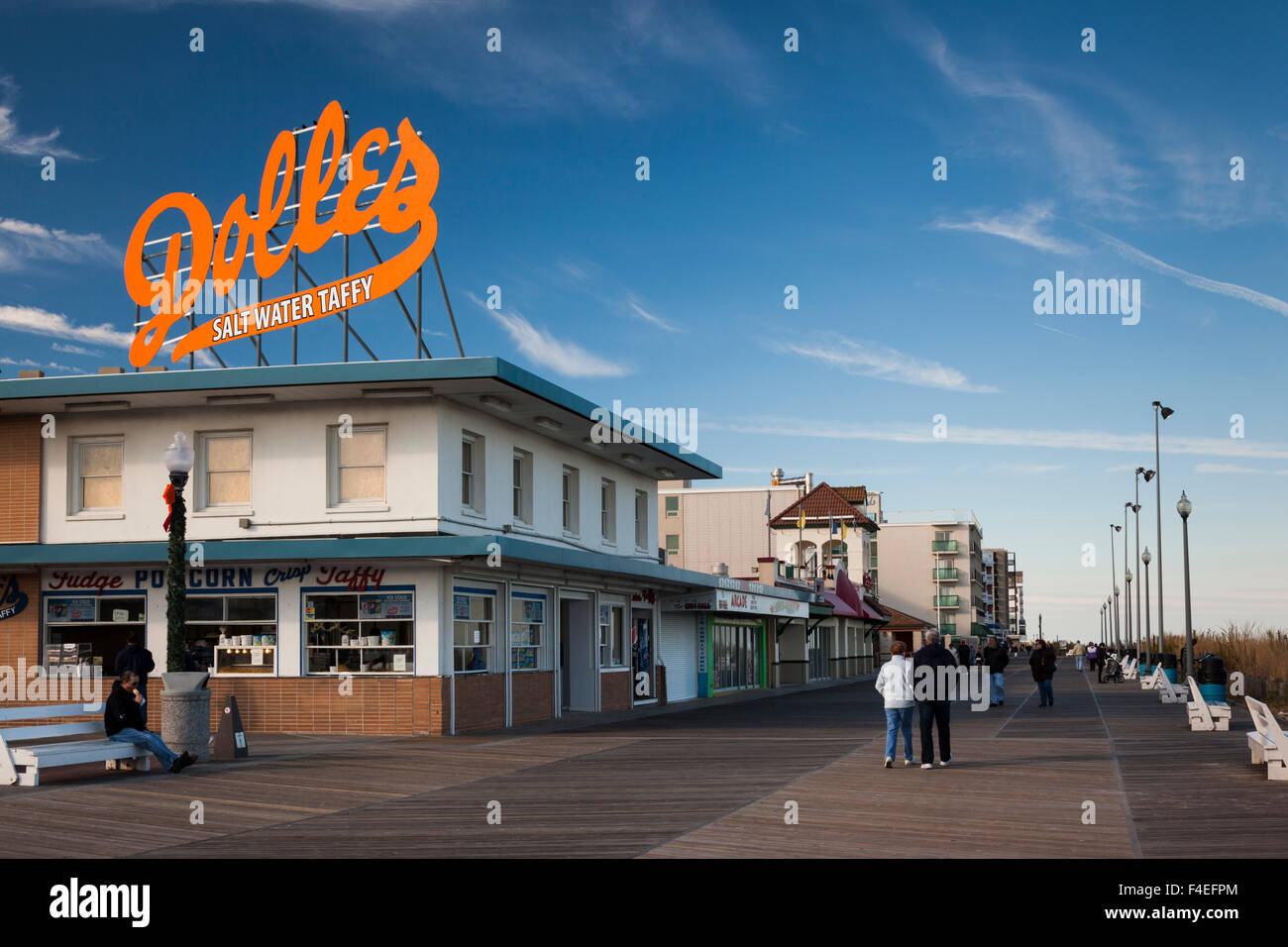 USA, Delaware, Rehoboth Beach, beach boardwalk, sign for Dolles Salt