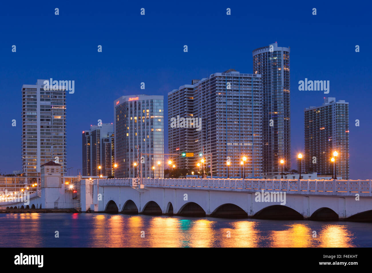 USA, Florida, Miami, city skyline from Causeway, dawn Stock