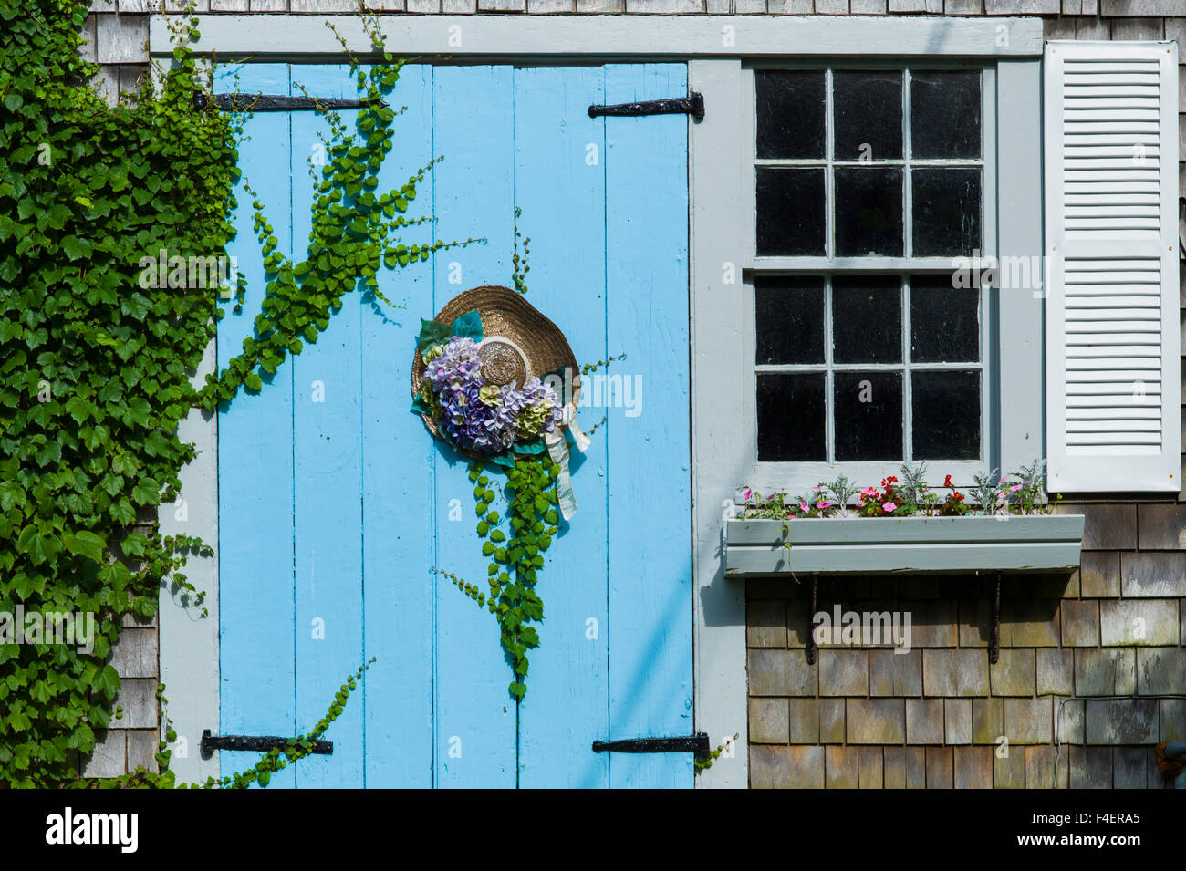 Massachusetts, Cape Cod, Barnstable, door with hat, summer Stock Photo
