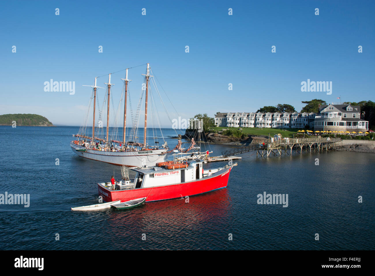 Maine, Bar Harbor. Waterfront view of port area with tourist