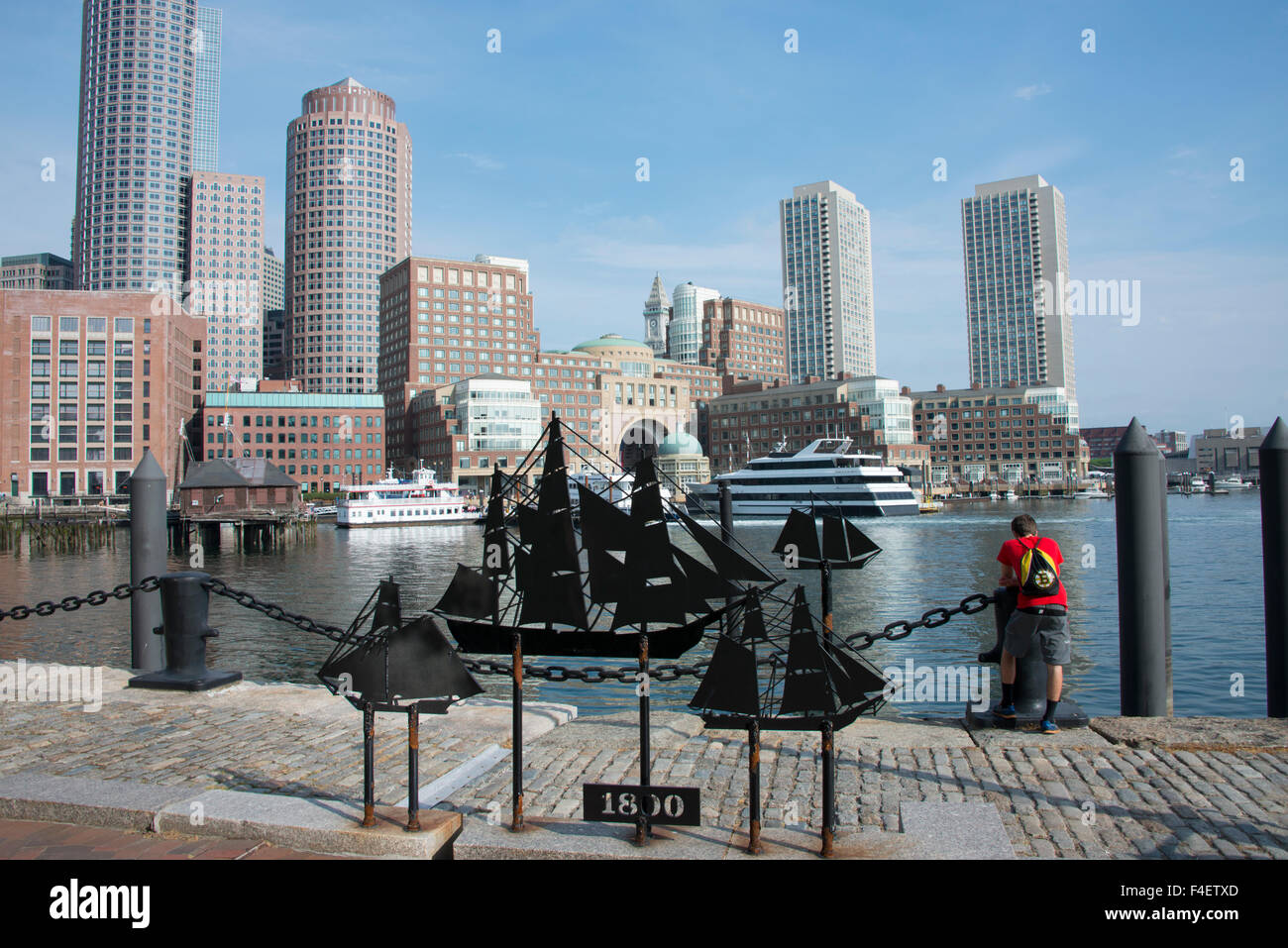 Massachusetts, Boston. Downtown city skyline view from Fan Pier. Metal