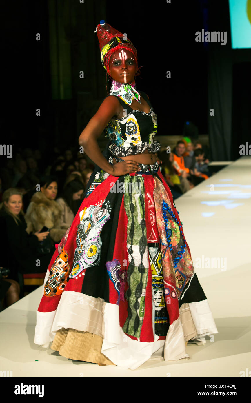 All Saints Church, The Drive, City of Brighton & Hove, East Sussex, UK. Showreel Design Competition entry by Afton Ayache, Les Couleurs D'Afrique Recycler, showing at the Brighton Fashion Week 2015 at The Showreel Catwalk Show,  16th October 2015 Stock Photo
