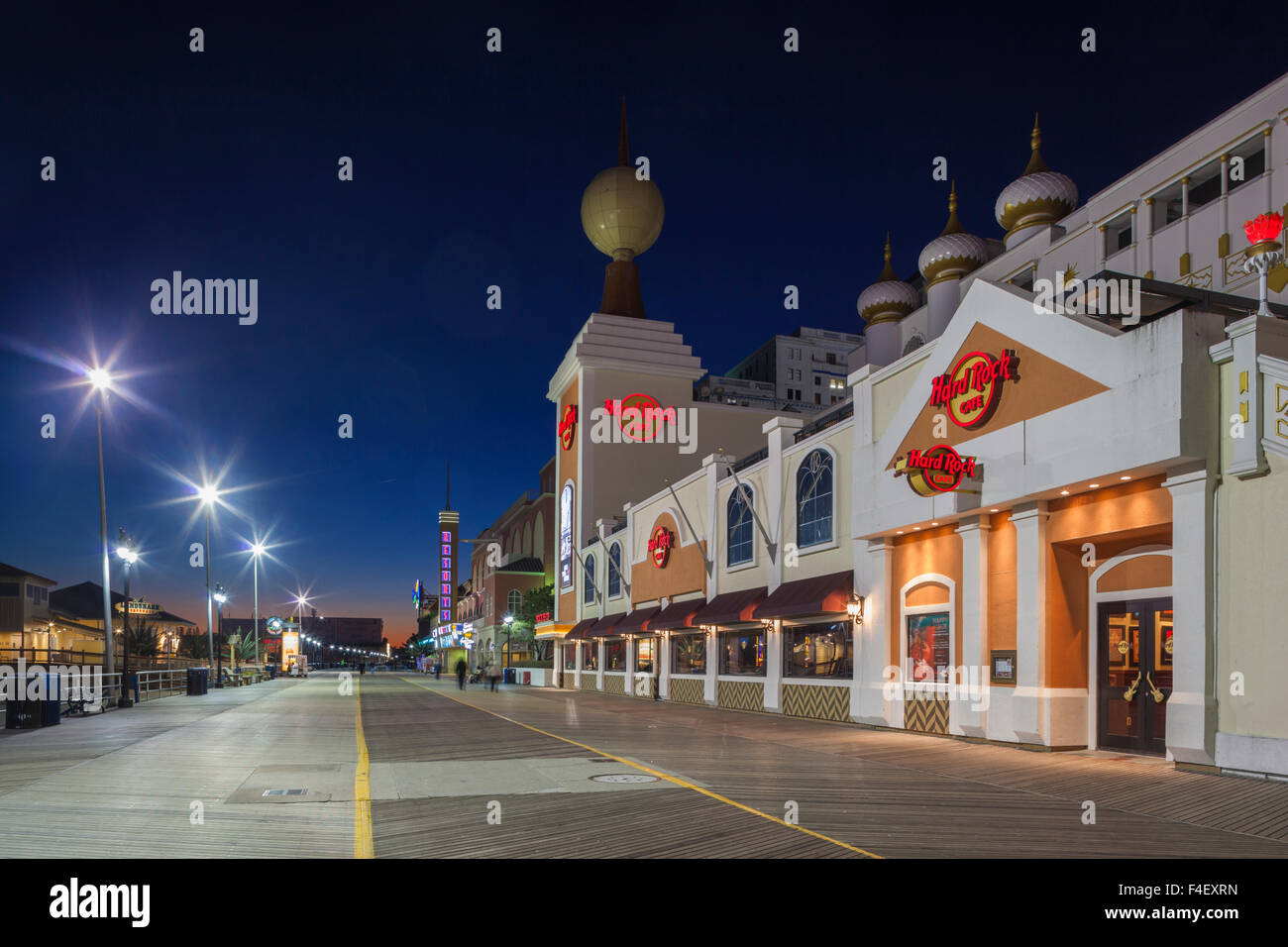 USA, New Jersey, Atlantic City, boardwalk and the Hard Rock Cafe, dusk Stock Photo