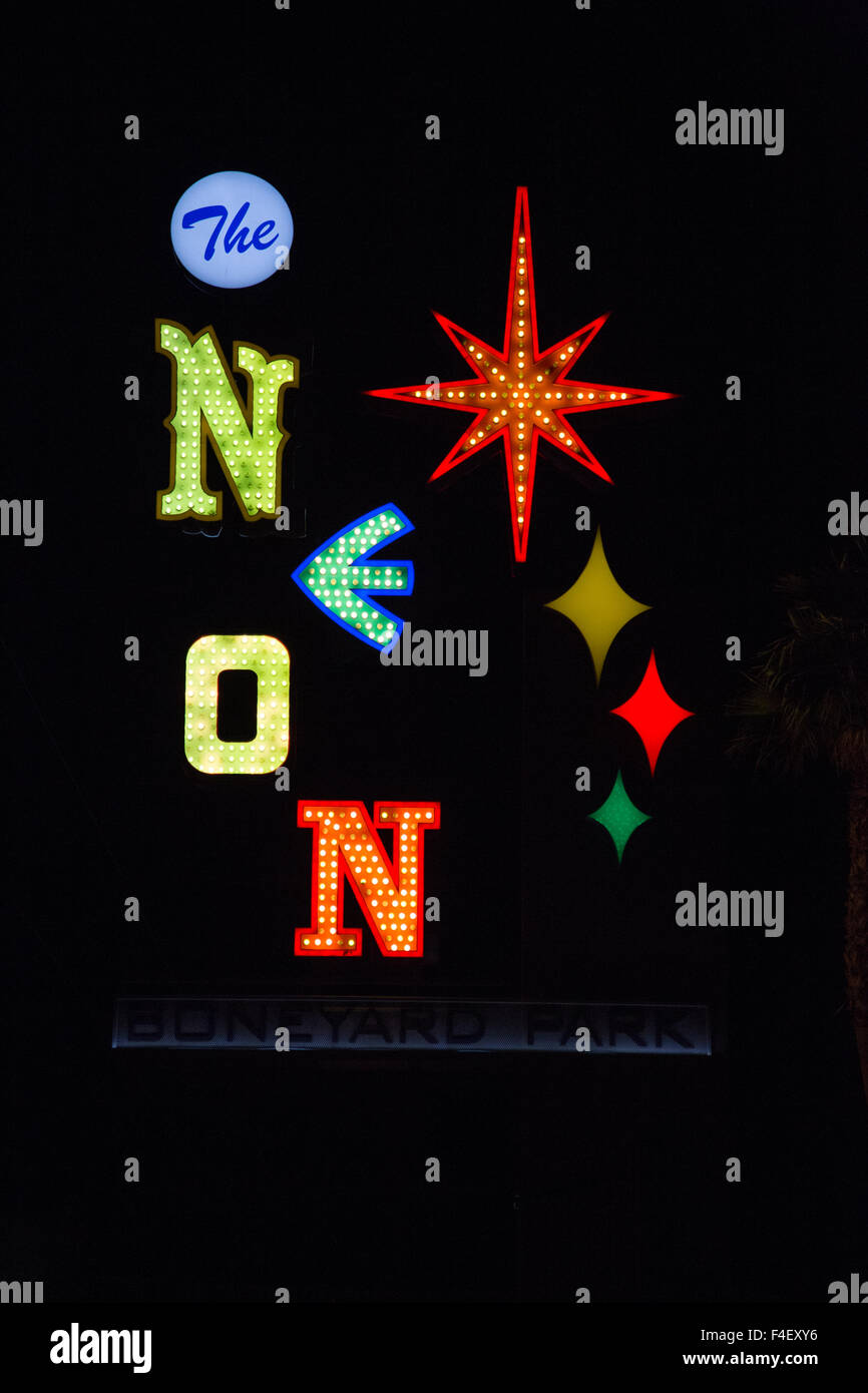 USA, Nevada, Las Vegas. The Neon Boneyard Park sign at night. Credit as: Wendy Kaveney / Jaynes Gallery / DanitaDelimont.com Stock Photo