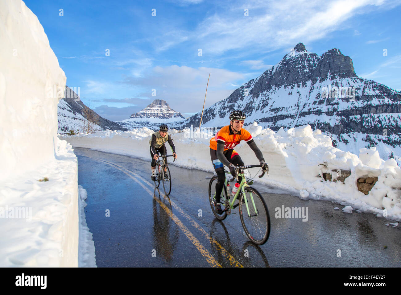 Road bicycling on Going to the Sun Road in spring at Glacier National ...
