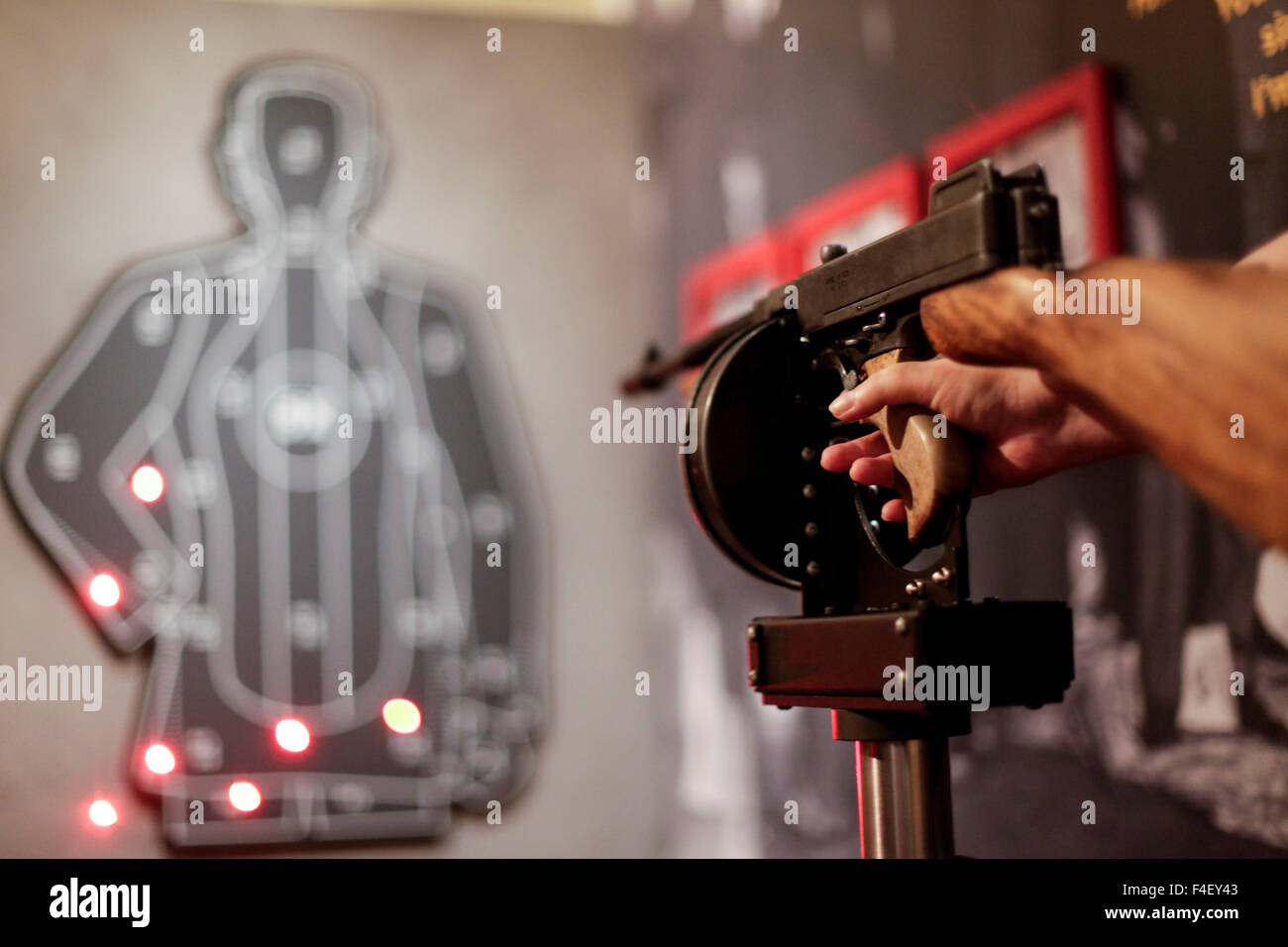 Shooting a Thompson Sub-Machine Gun at the Mob Museum, Las Vegas, Nevada. USA Stock Photo