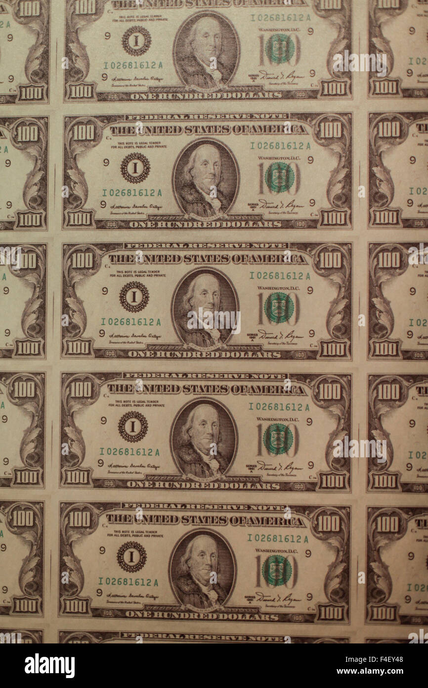 Prints of money at the Mob Museum, Las Vegas, Nevada. USA Stock Photo