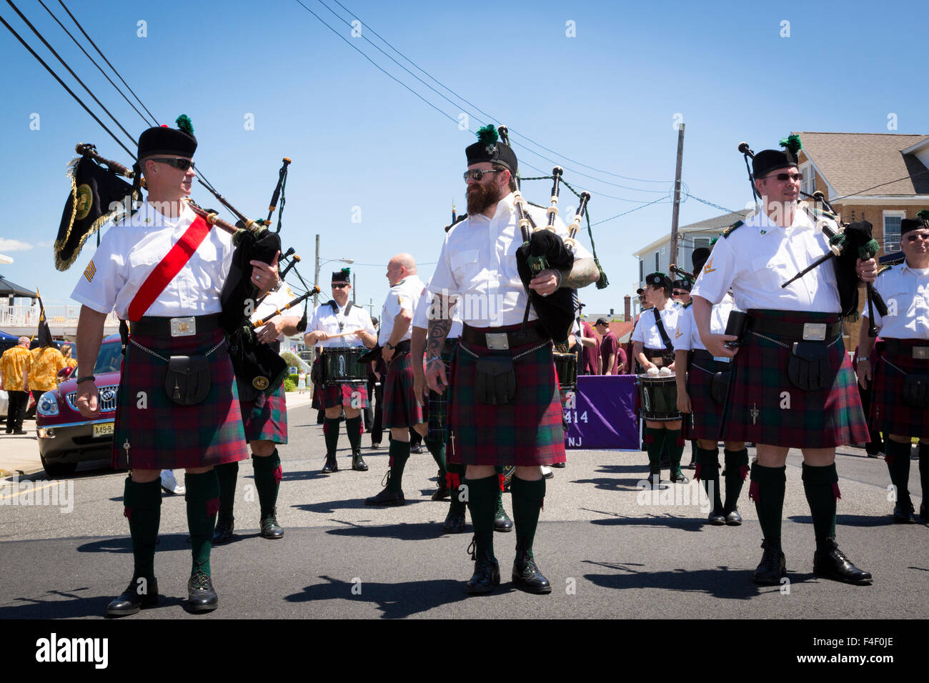 Group of bagpipe musicians at Elks Parade, Wildwood, New Jersey, USA