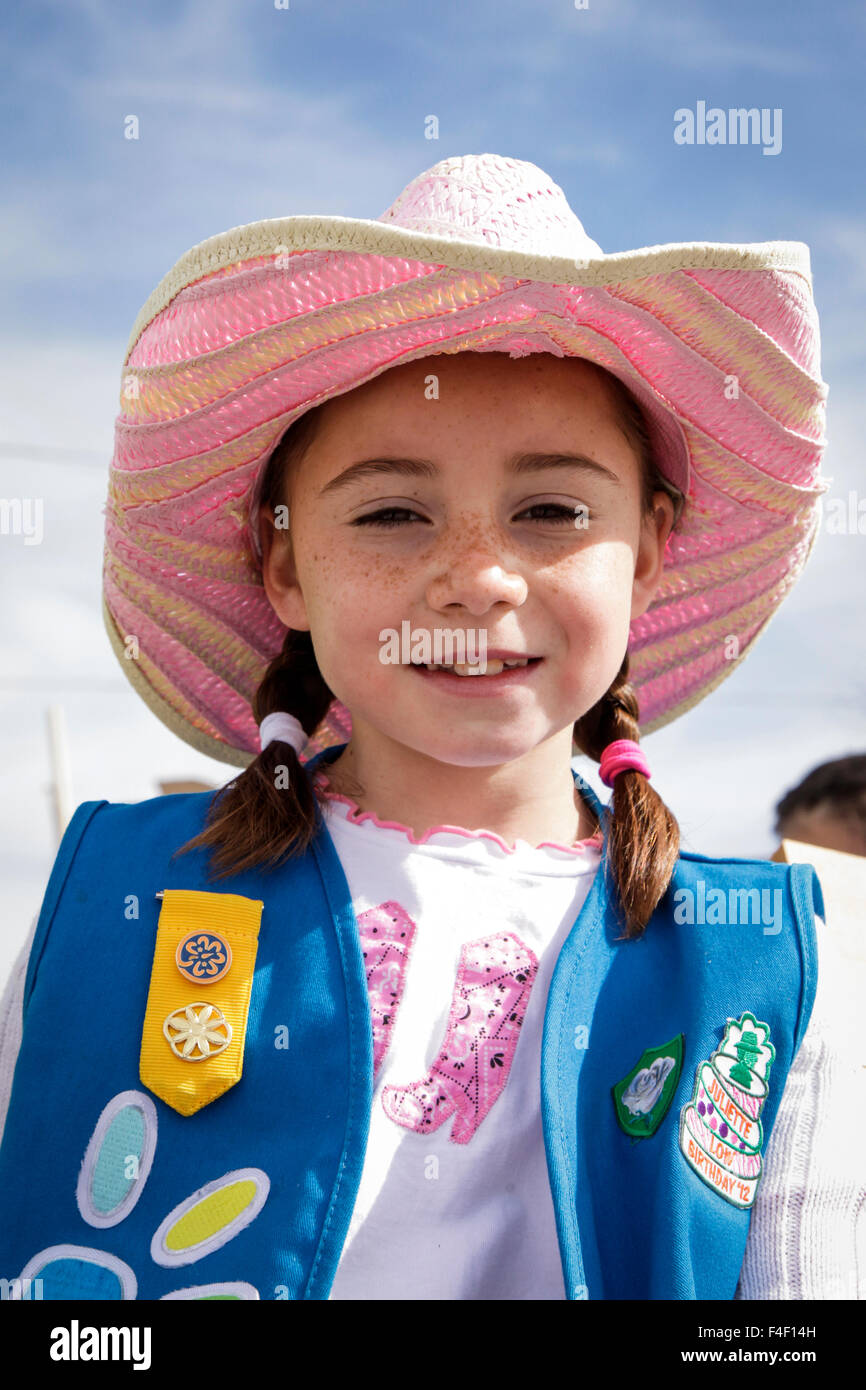 Portrait of a daisy girl scout, Truth or Consequences, New Mexico, USA. Small town parade. Stock Photo