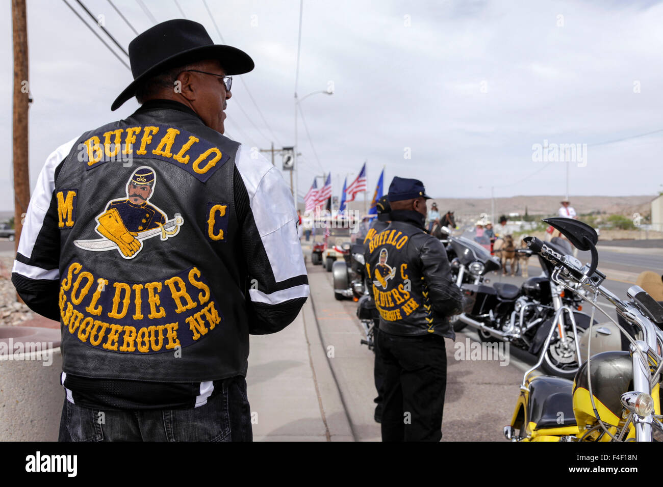 Buffalo Soldiers Motorcycle club to ride parade, Truth or Consequences, New Mexico, USA Stock Photo -