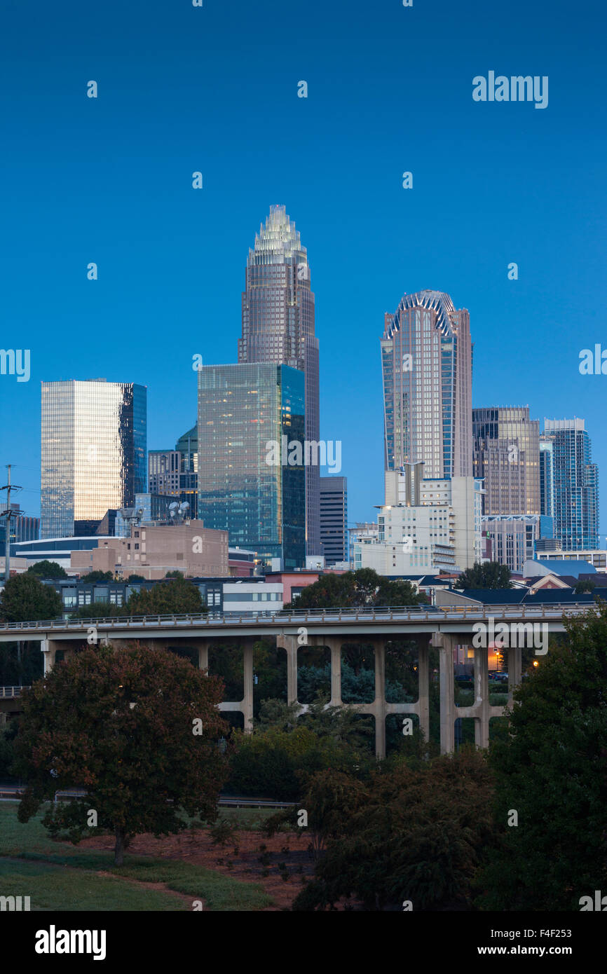 North Carolina, Charlotte, elevated view of the city skyline from Route