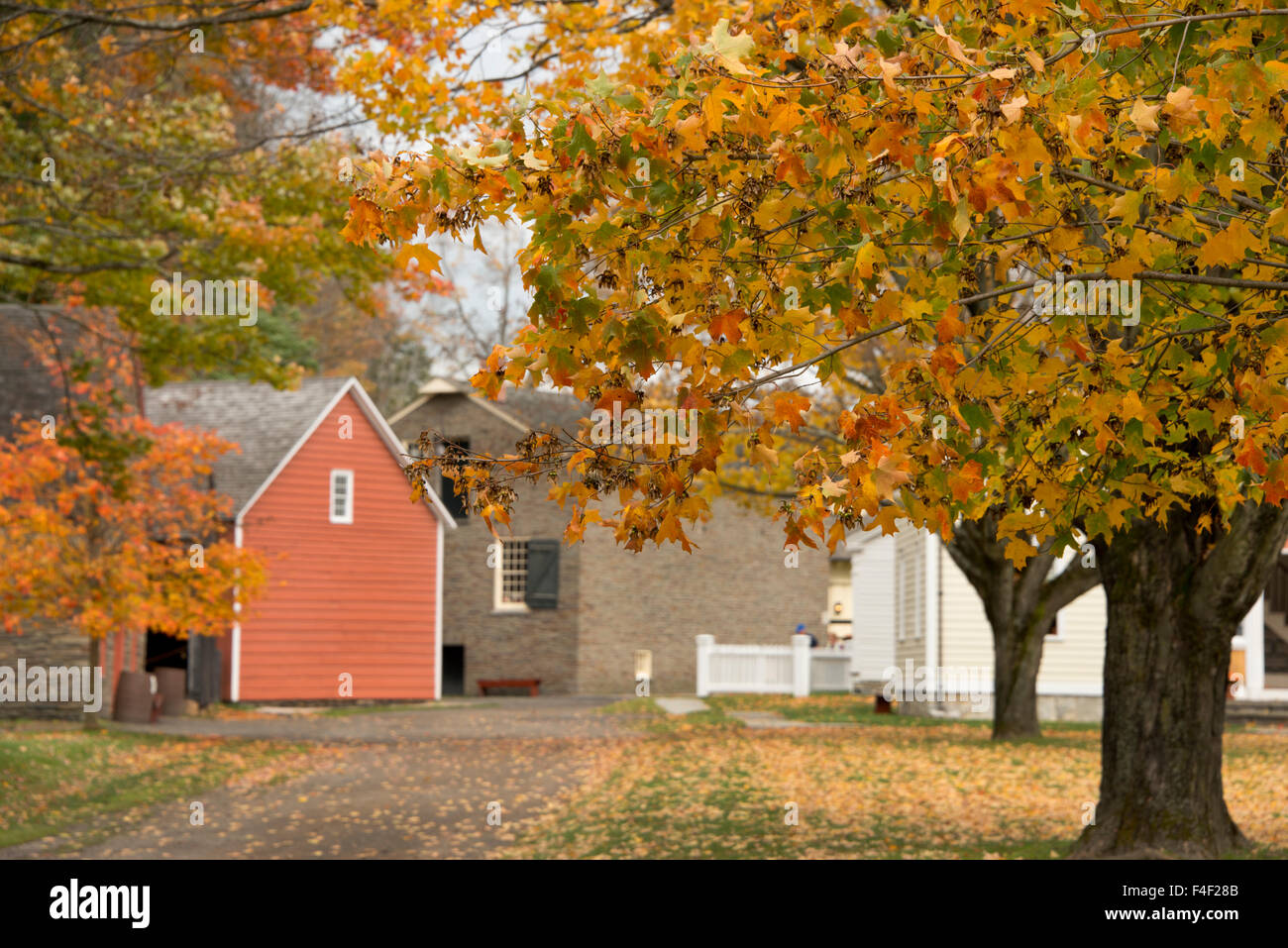 New York, Cooperstown, Farmers Museum. Historic buildings in the Autumn. (Large format sizes available) Stock Photo