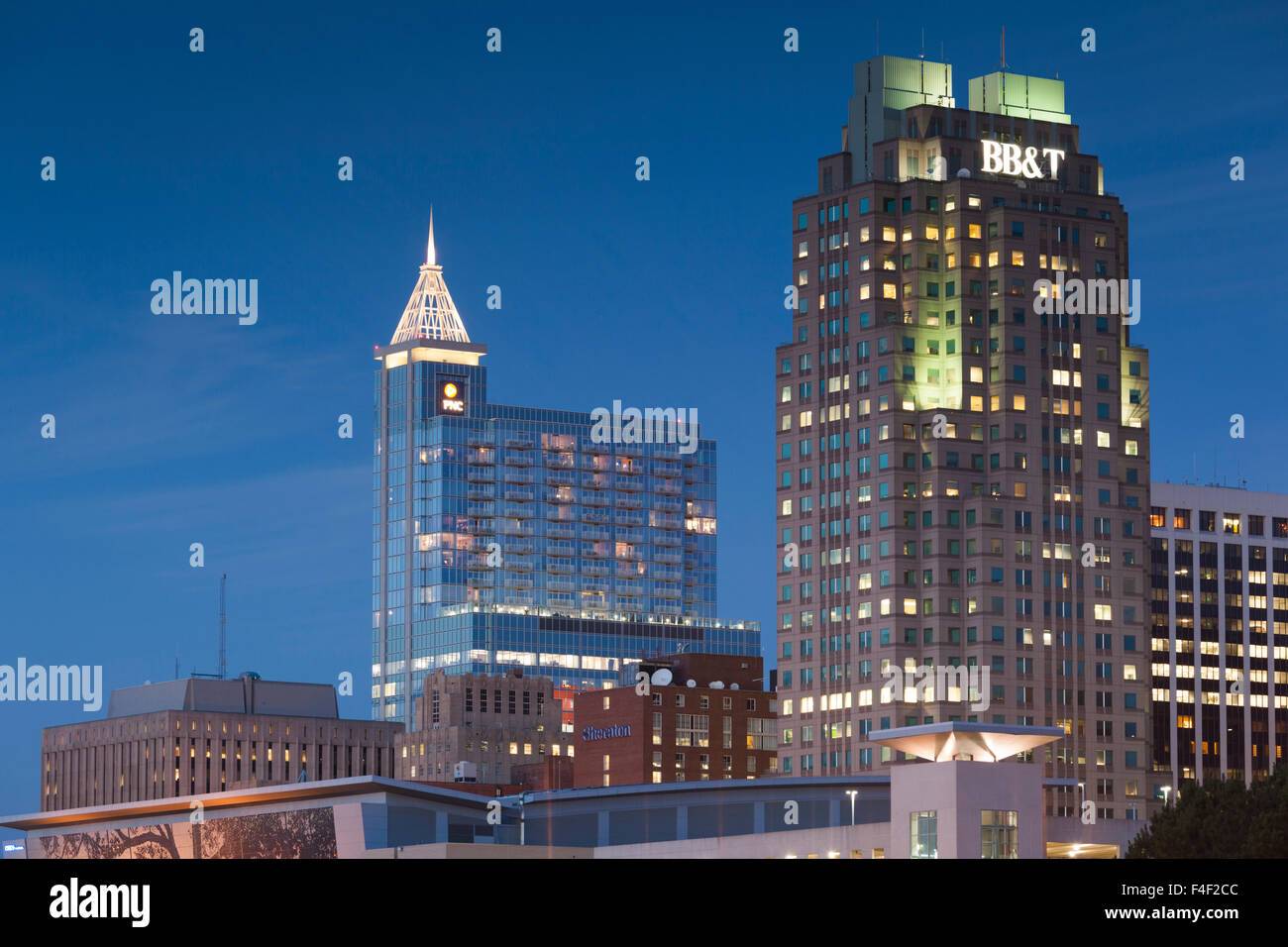 North Carolina, Raleigh, city skyline, dusk Stock Photo