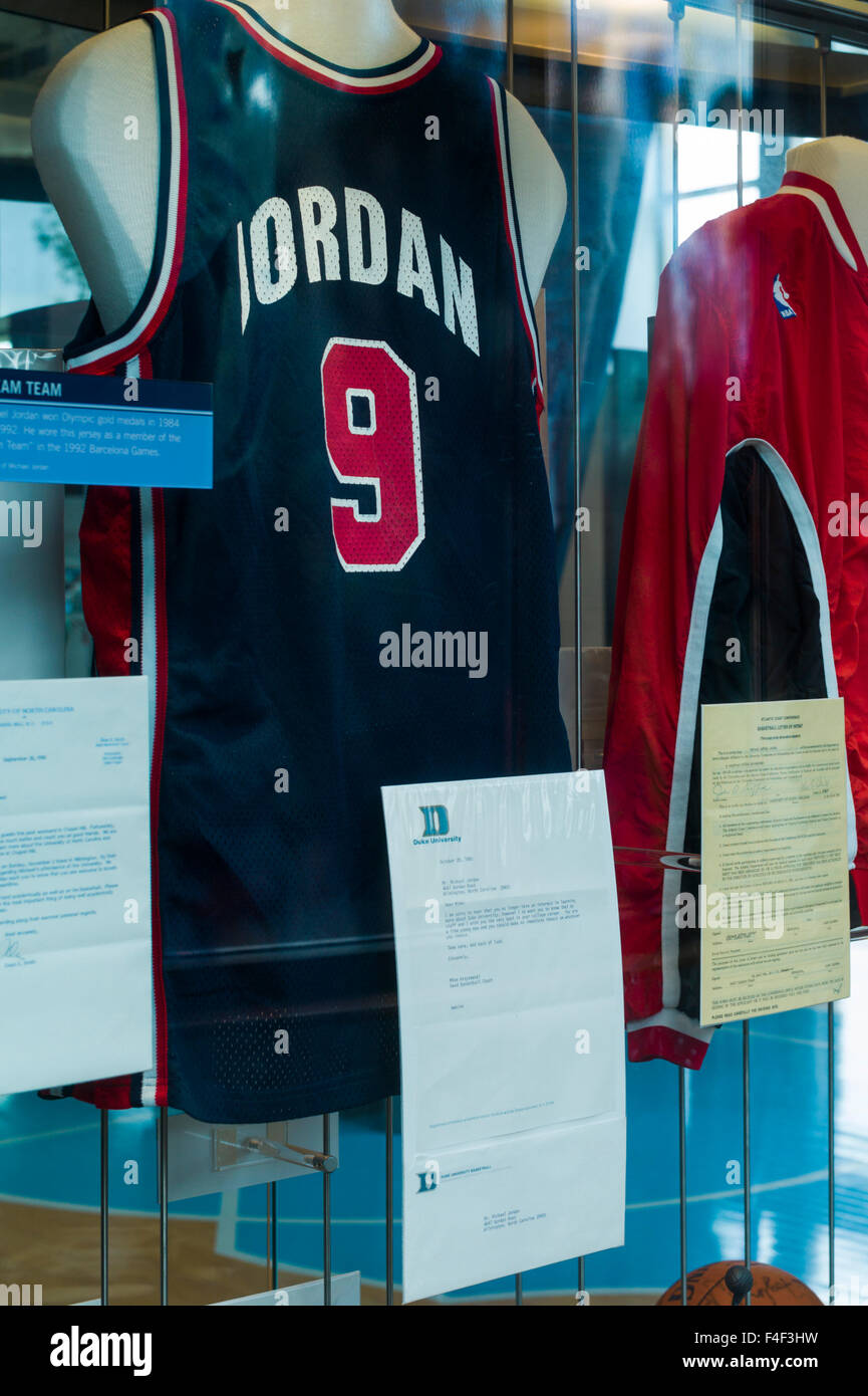 North Carolina, Chapel Hill, University of North Carolina at Chapel Hill, Carolina Basketball Museum, museum of UNC's team the Tar Heels, display for sports legend Michael Jordan number 9 Stock Photo