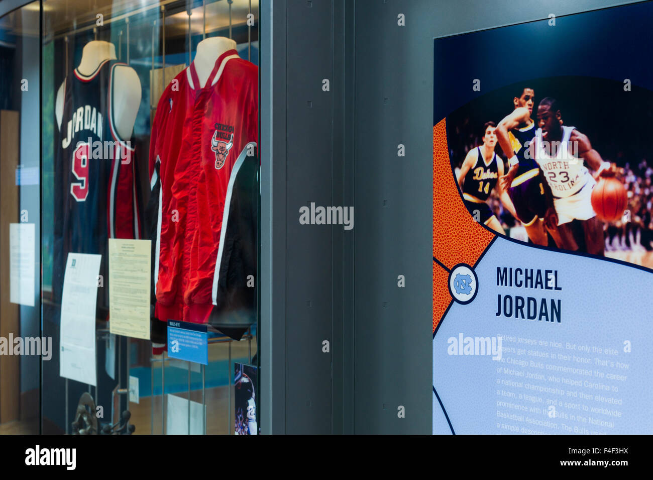 North Carolina, Chapel Hill, University of North Carolina at Chapel Hill, Carolina Basketball Museum, museum of UNC's team the Tar Heels, display for sports legend Michael Jordan number 9 Stock Photo