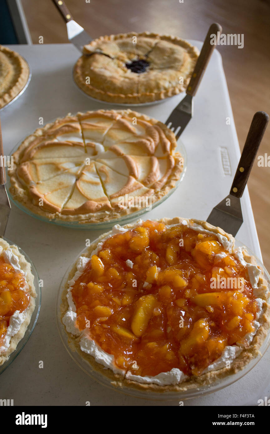 Ohio, Geauga County, Middlefield. Assorted Amish country homemade pies, lemon meringue, peach