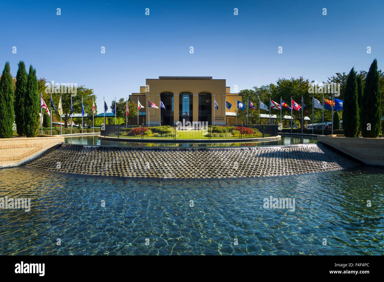 South Carolina, Greenville, Bob Jones University, Rodeheaver Auditorium from the Fountain Bridge Stock Photo