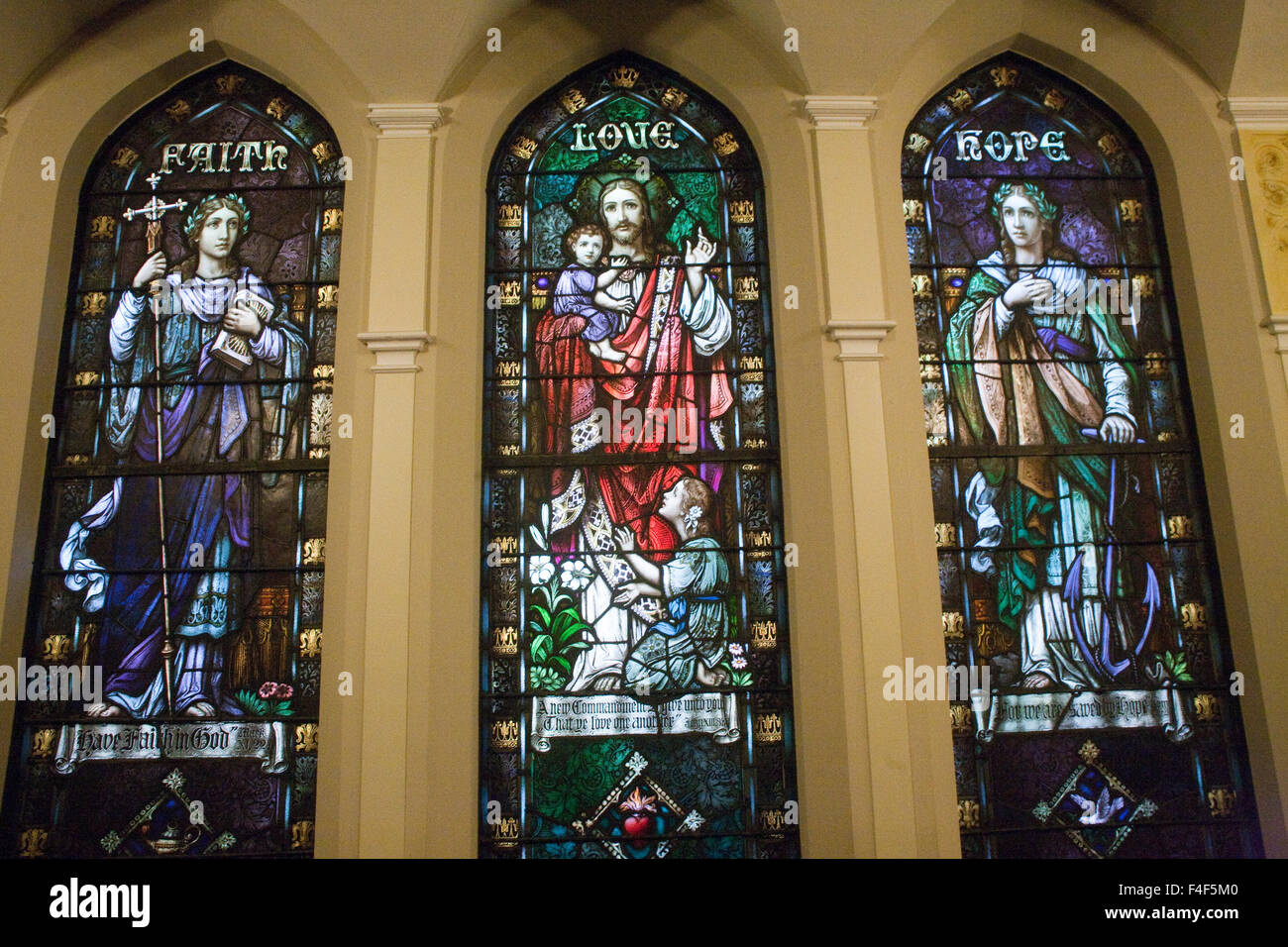 Faith, Hope and Love stained glass windows in Narthex of Smithfield