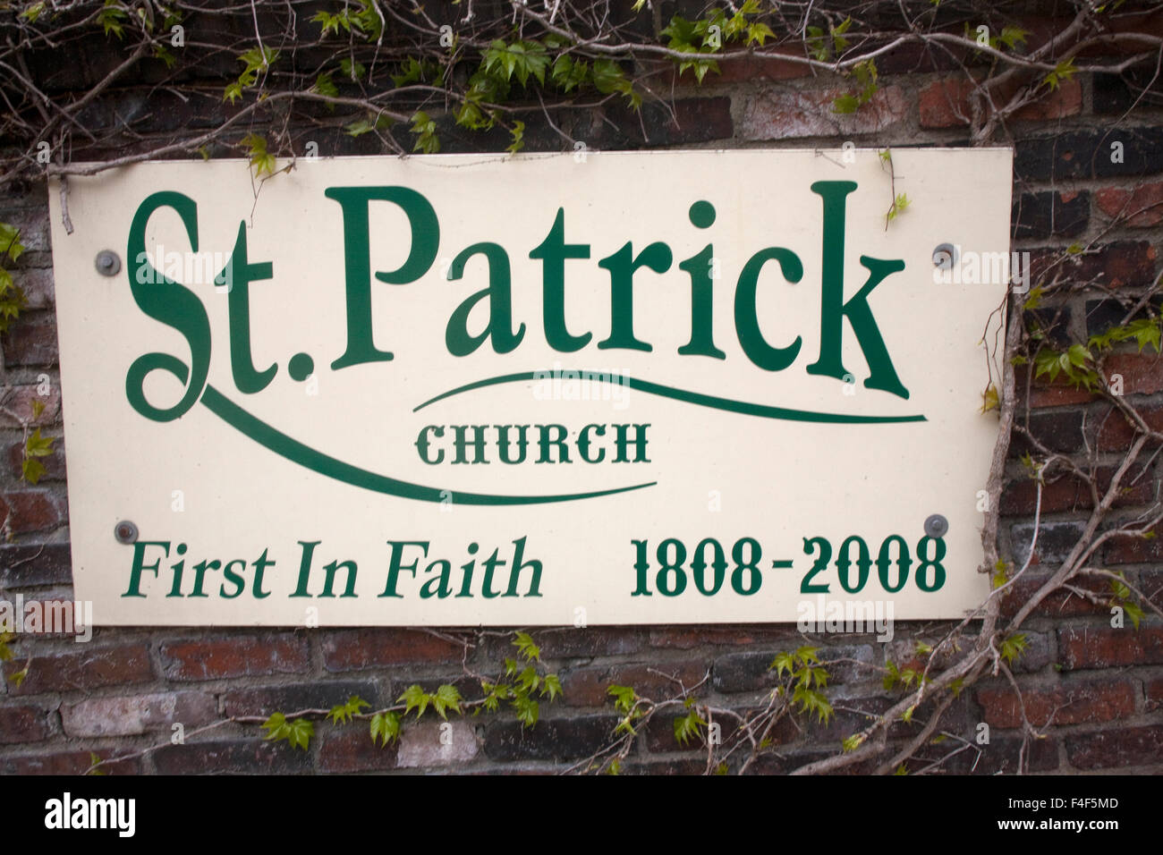 Historic marker of St. Patrick Catholic Church and Garden in Strip District of Pittsburgh PA Stock Photo