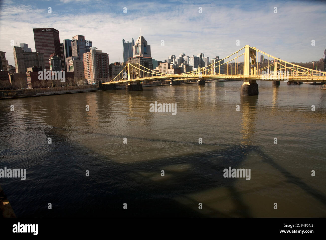 All bridges over the Allegheny River lead to the heart of Pittsburgh's downtown financial center. Stock Photo